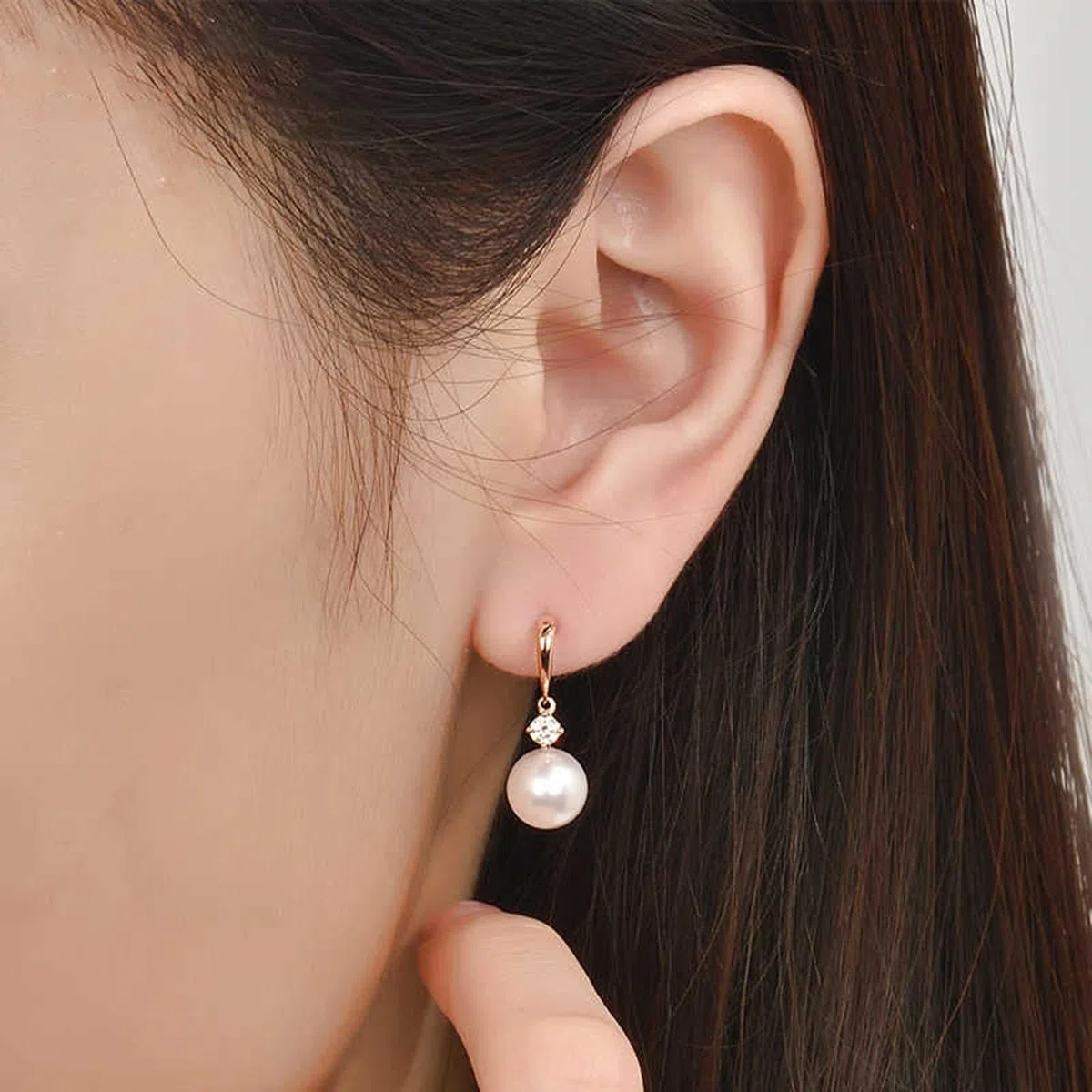 Pendientes de gota de perlas de oro de 9 K/14 K/18 K para mujer, aretes colgantes de perlas de 7,5-8 mm con diamante de oro rosa de 0,16 quilates