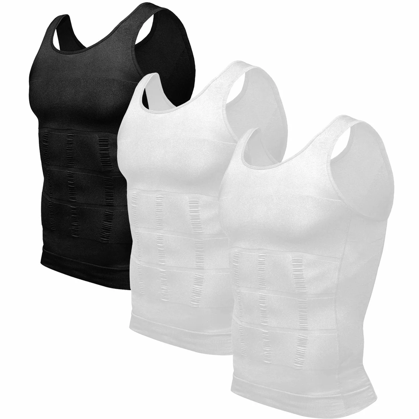 Odoland Paquete de 3 camisetas moldeadoras de cuerpo para hombre, capa base, color negro, blanco y blanco, talla XXL, Blanco