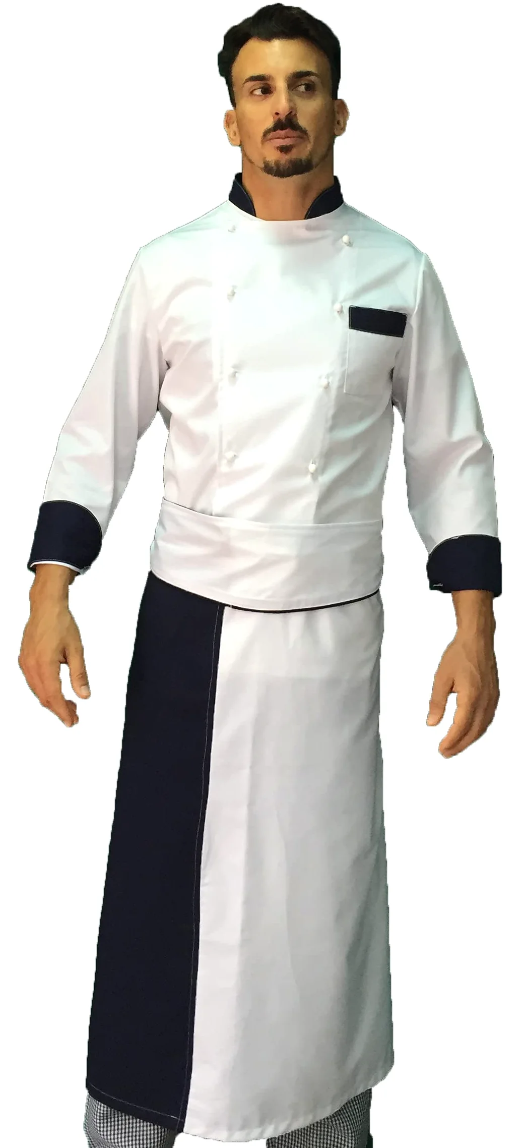 Bordado gratuito – Conjunto de cocinero para hombre – blanco, negro y pied de pule – uniforme de chef – chaqueta, pantalones y delantal – 100% algodón – Uniforme para cocina y