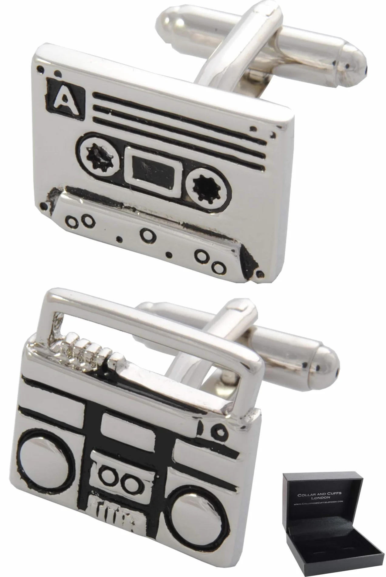 Gemelos Camisa Hombre Música Retro Cinta Cassette Reproductor Latón Plata Negro Un Par