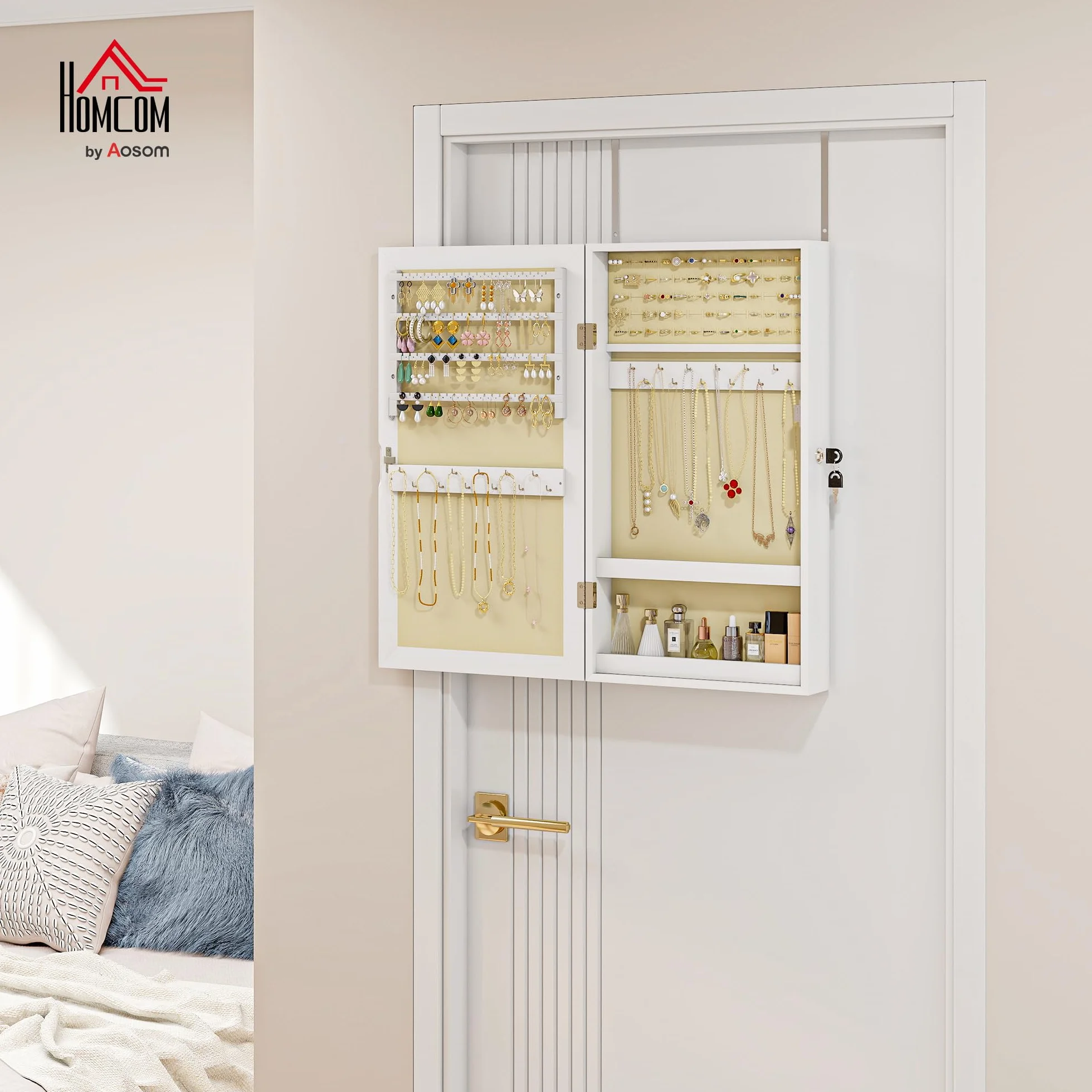 HOMCOM Espejo Joyero de Pared Armario para Joyas con Cerradura y Varios Compartimentos Montar en Pared o Puerta para Pendiente Collar Anillo Pulsera Blanco y Forro Crema