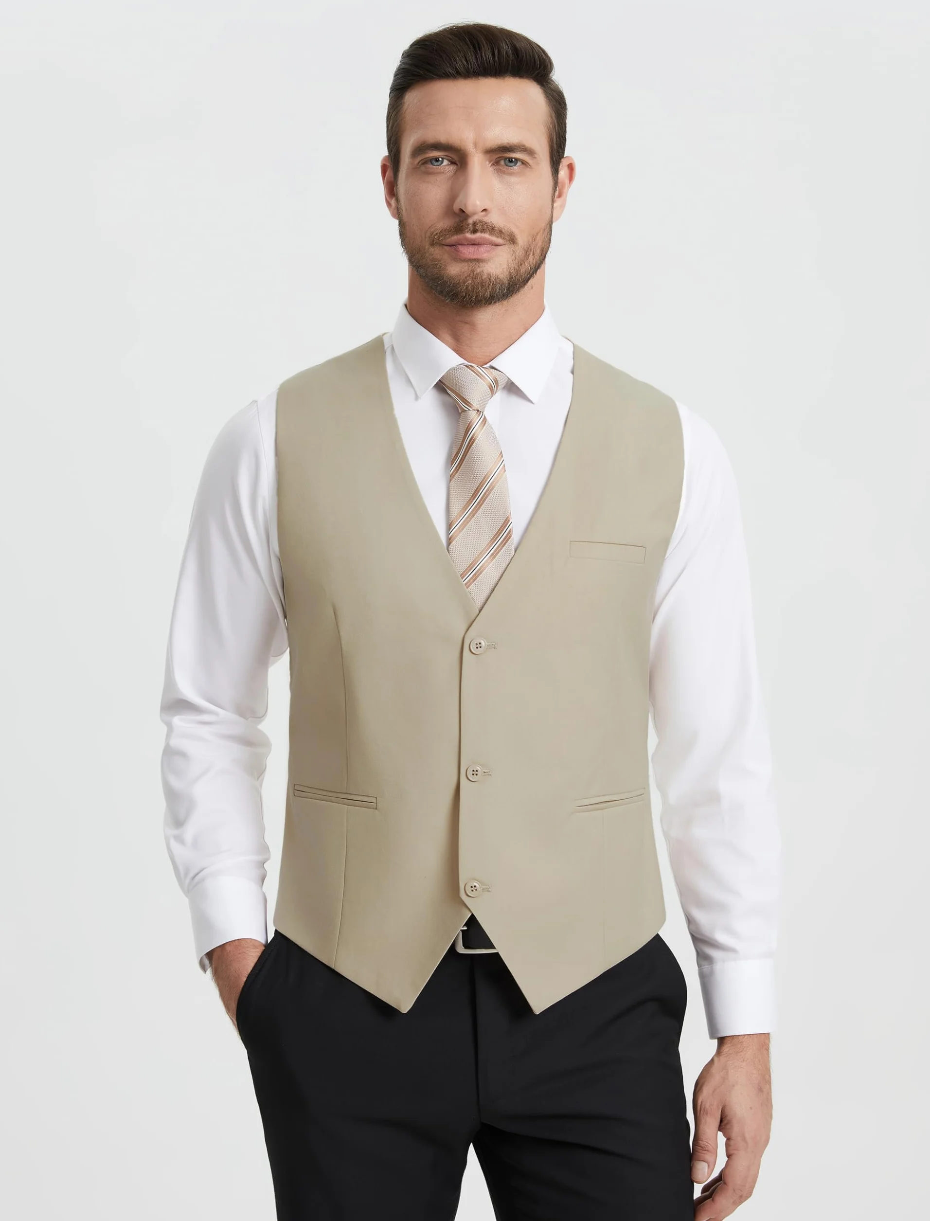 HISDERN Chaleco Traje Hombre Elegante Formal Clásico Color Liso Ajustable 3 Botones Bolsillo Boda Ceremonias S-4XL