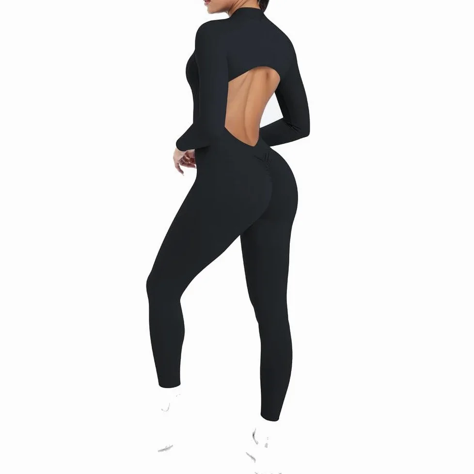 GLDFW - Body sólido para mujer, sin espalda, manga larga, cremallera, para yoga, entrenamiento, deportes, fitness, conjunto de ropa