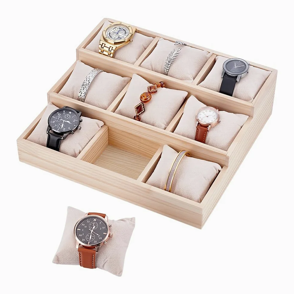 nbeads Bandeja organizadora de relojes y brazalete de 3 niveles, bandeja para relojes de joyería con cojín extraíble, brazalete de exposición, para cajones, vitrina de reloj, beige, 24 x 26,5 x 7,9 cm