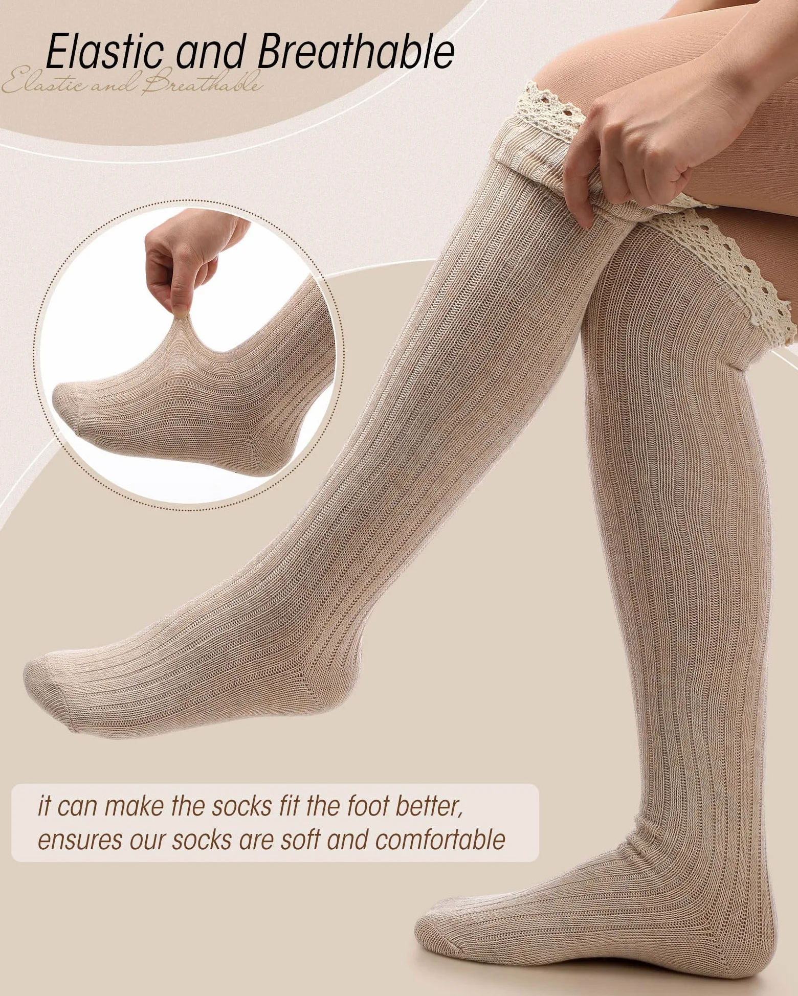 Syhood Paquete de 6 calcetines de punto de algodón para mujer, calcetines altos hasta la rodilla con ribete de encaje, calcetines de encaje, calcetines altos para botas por encima de la rodilla,
