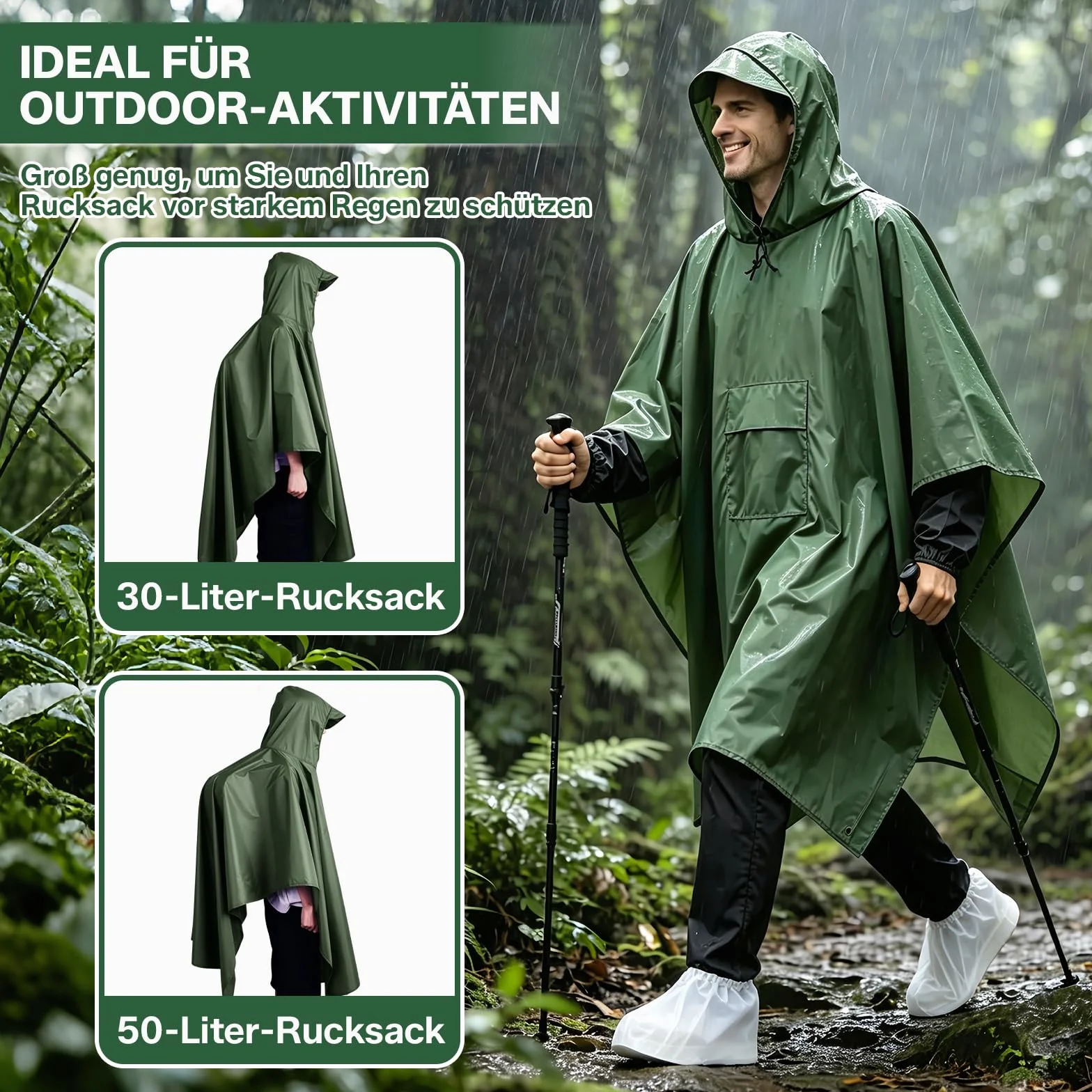 Esoes Poncho impermeable ligero hombre y mujer, chaqueta impermeable multiusos para actividades al aire libre con capucha, bolsa plegable y cubrezapatos