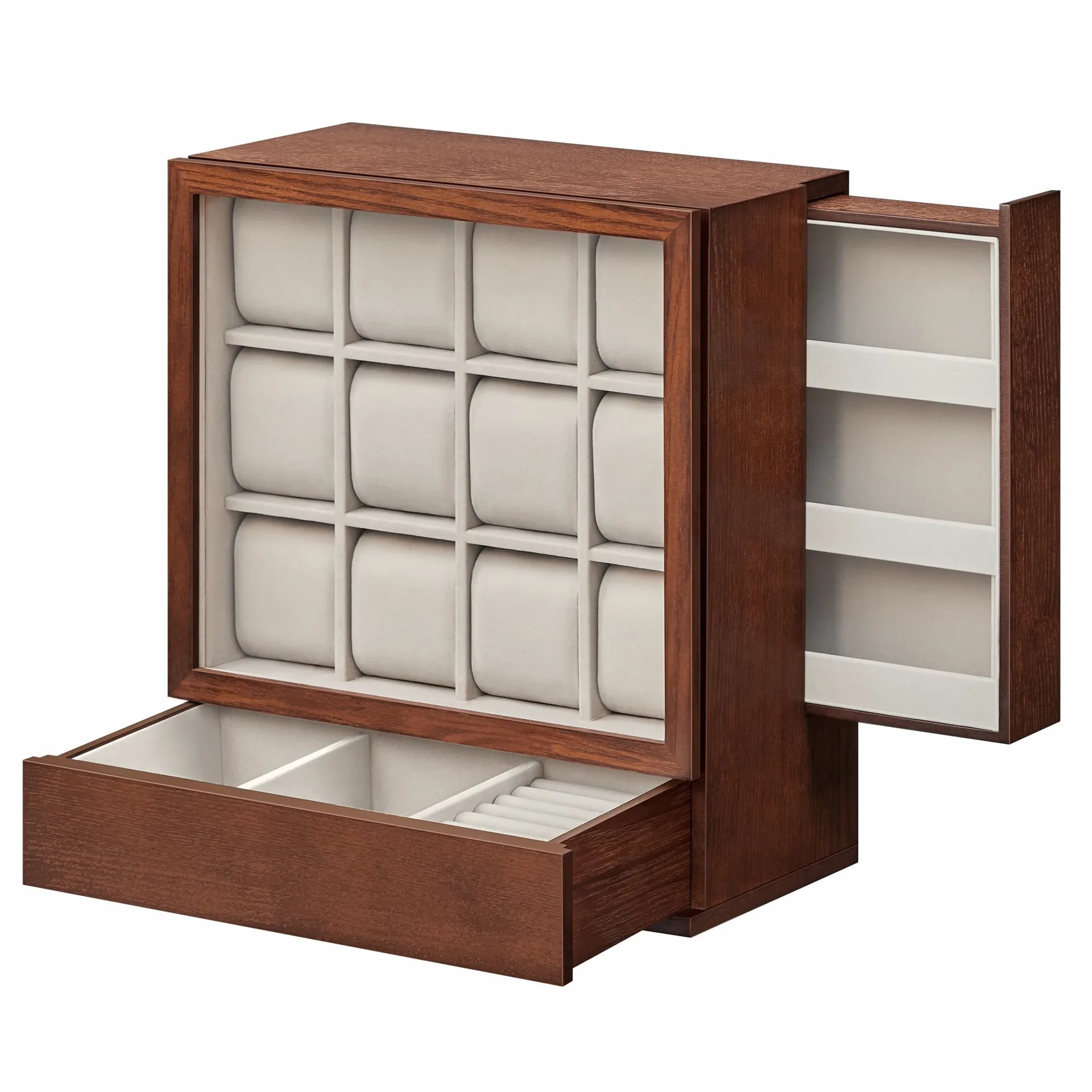 SONGMICS JOW014K01 Caja de relojes con 12 cajones, caja de reloj de madera con ventana, gabinete de exhibición de madera de chapa maciza, almacenamiento vertical, ahorro de espacio, idea