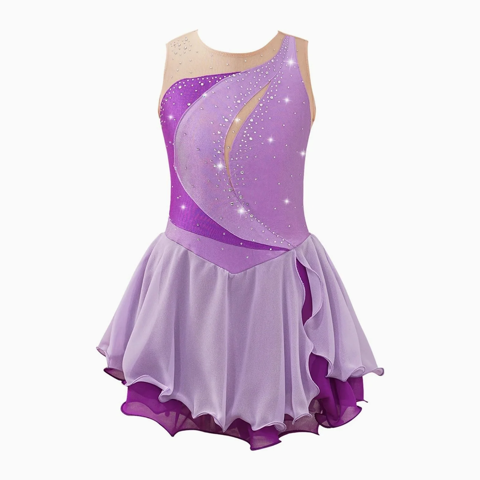 Maillot patinaje artistico Disfraz de patinaje sobre hielo for niña, vestido de patinaje artístico sin mangas con retales de diamantes de imitación, vestido de leotardo de danza y gimnasia de Ballet(K
