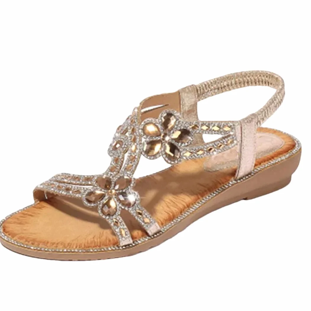 Sandalias de gladiador con banda elástica para mujer, correa delantera y trasera, tacón de cuña, parte superior de poliuretano, bohemio, floral, casual, Gold, 41 EU