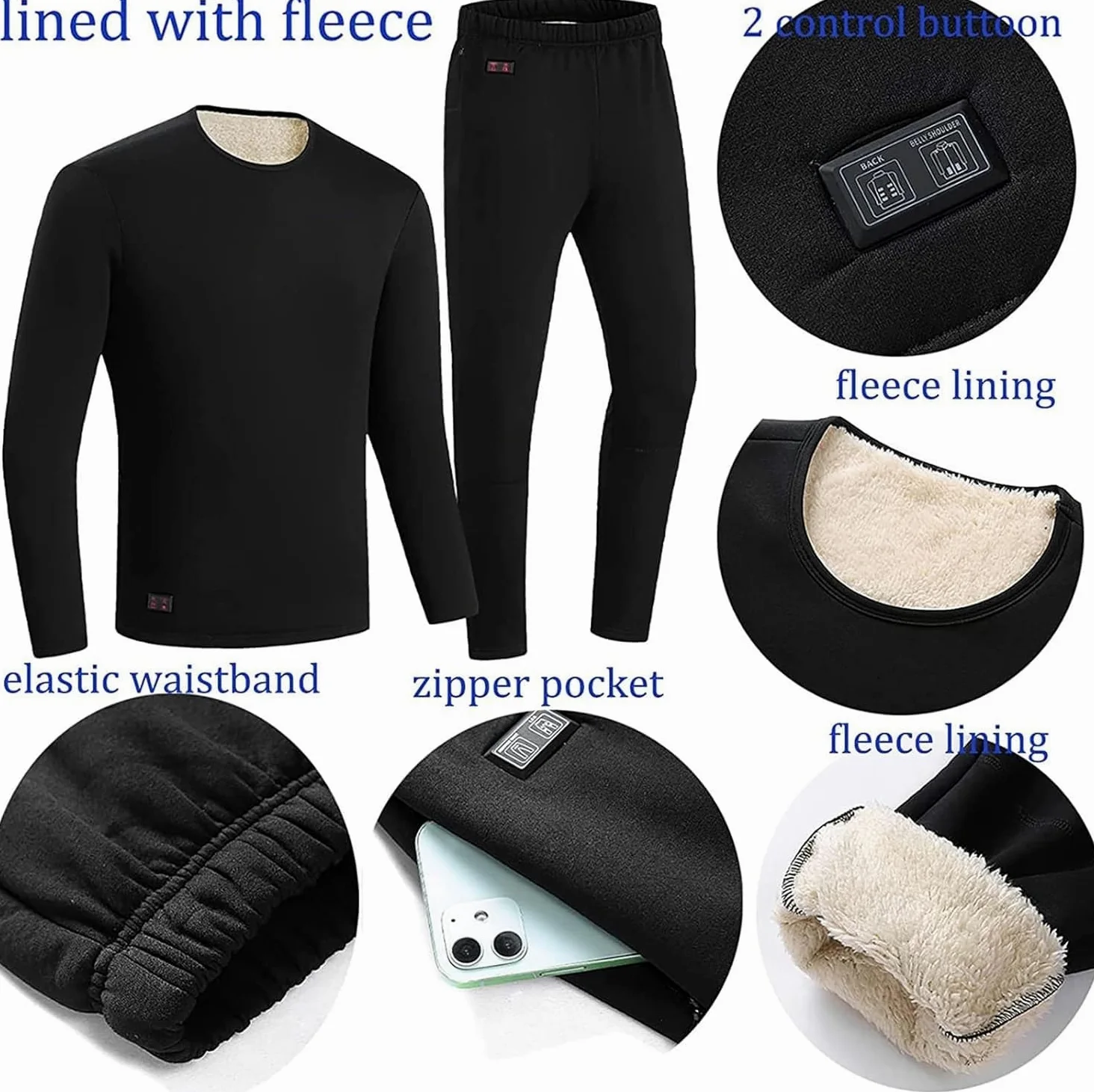 Ropa Interior térmica para Hombre, Traje Calefactor, Camiseta térmica de Manga Larga con calefacción eléctrica por USB, Pantalones, Capa Base, Traje cálido para Entrenar, Esquiar y Correr (n