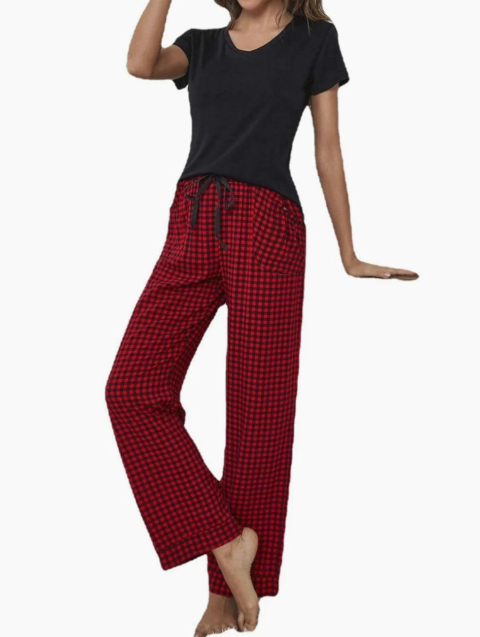 Pijama De Mujer Manga Corta,Tops Negros Y Pantalones A Cuadros Rojos Pijama De Manga Corta Para Mujer Conjunto De 2 Piezas Pijamas Suaves Y Cómodos Para Mujer Ropa De Descanso Regalo Del Día De La