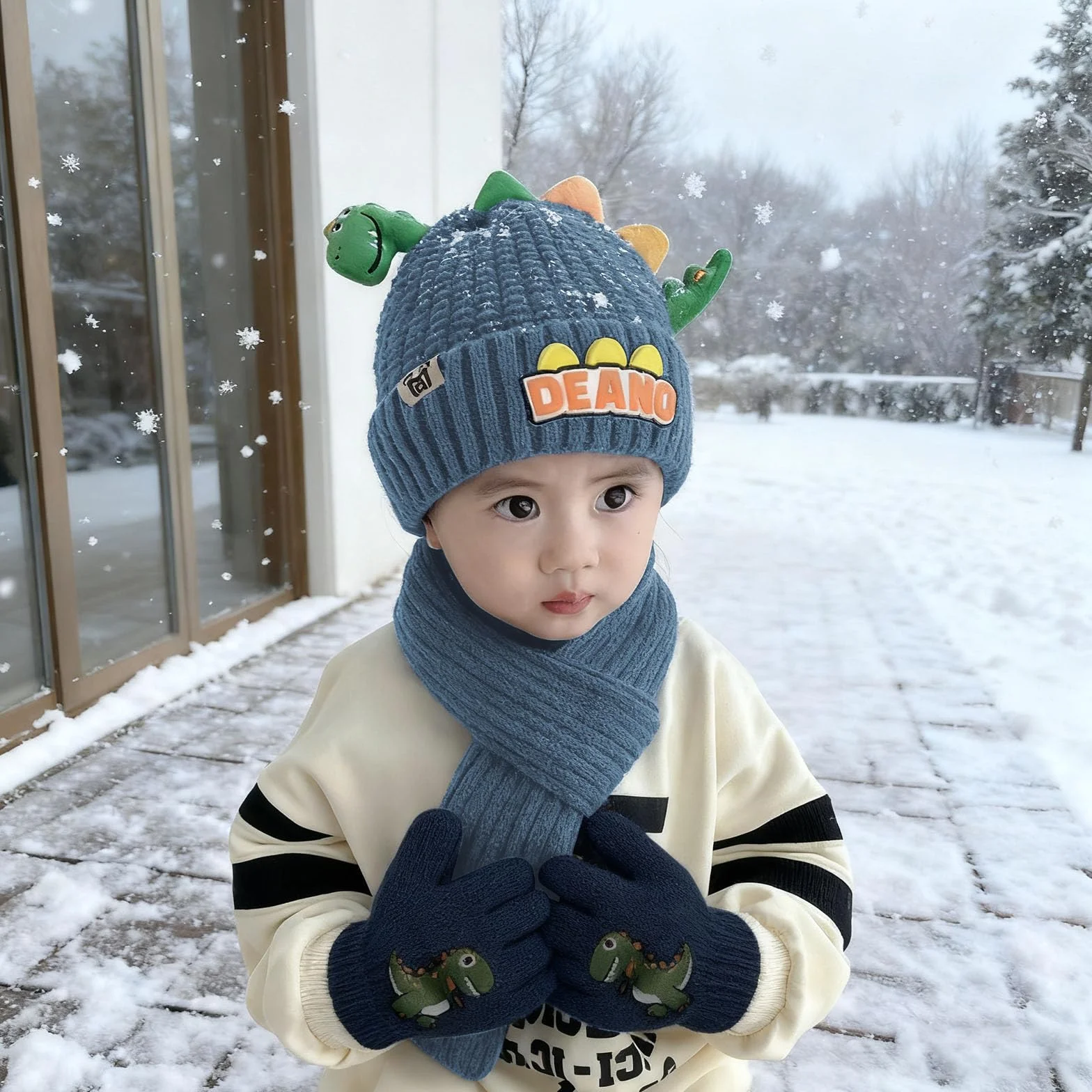 Conjunto Bufanda Gorro y Guantes Niño, Set de Gorra Bufanda Guantes Termicos Niño, 3 en 1 de Punto Gorras Beanie Bufandas Guante Termico, Diseño de Dinosaurios Lindo Gorros Scarf Winter Gloves