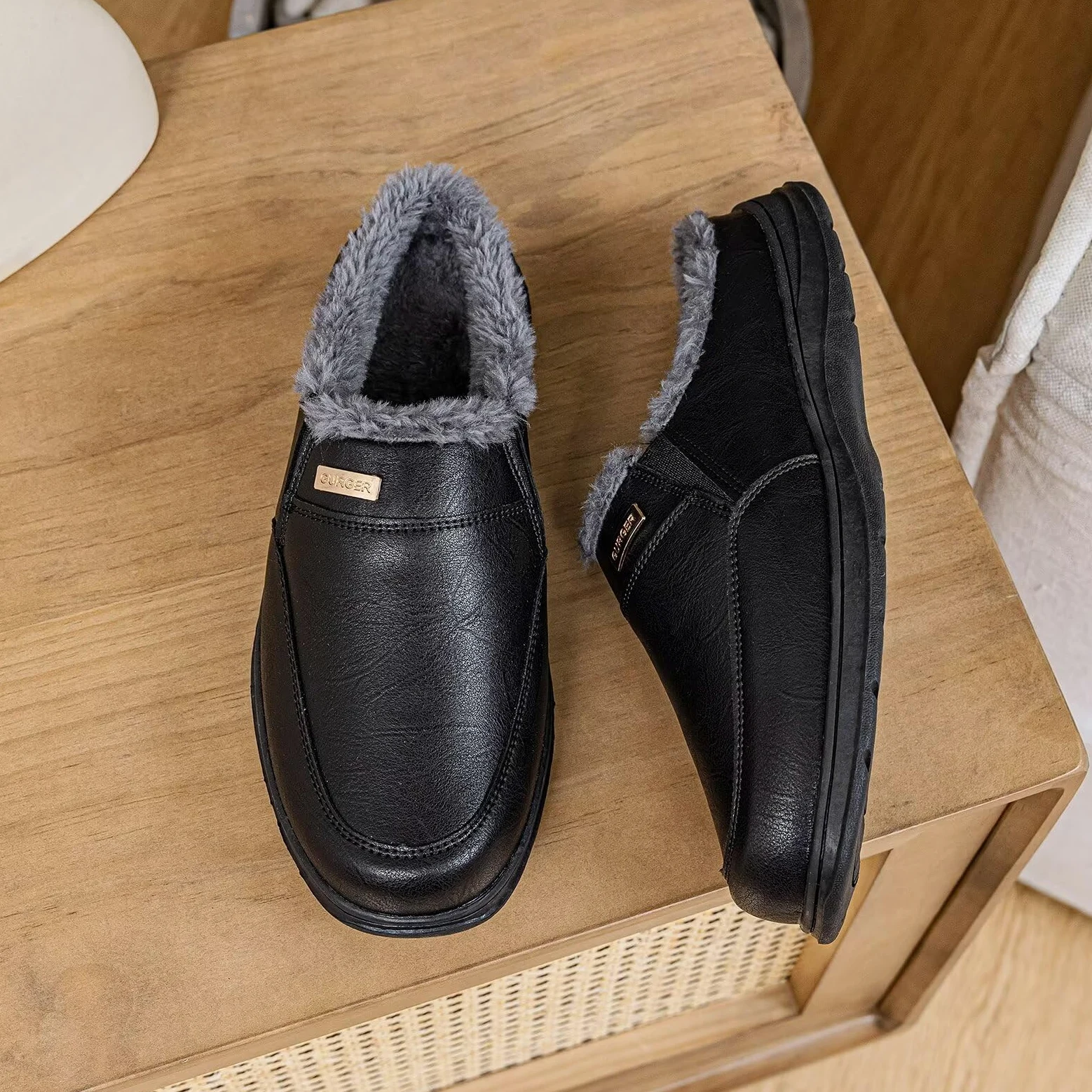 Zapatillas de Estar por Casa de Hombre Invierno de Cuero Forro Peluche Cálido Zuecos y Mules para Interior y Exterior