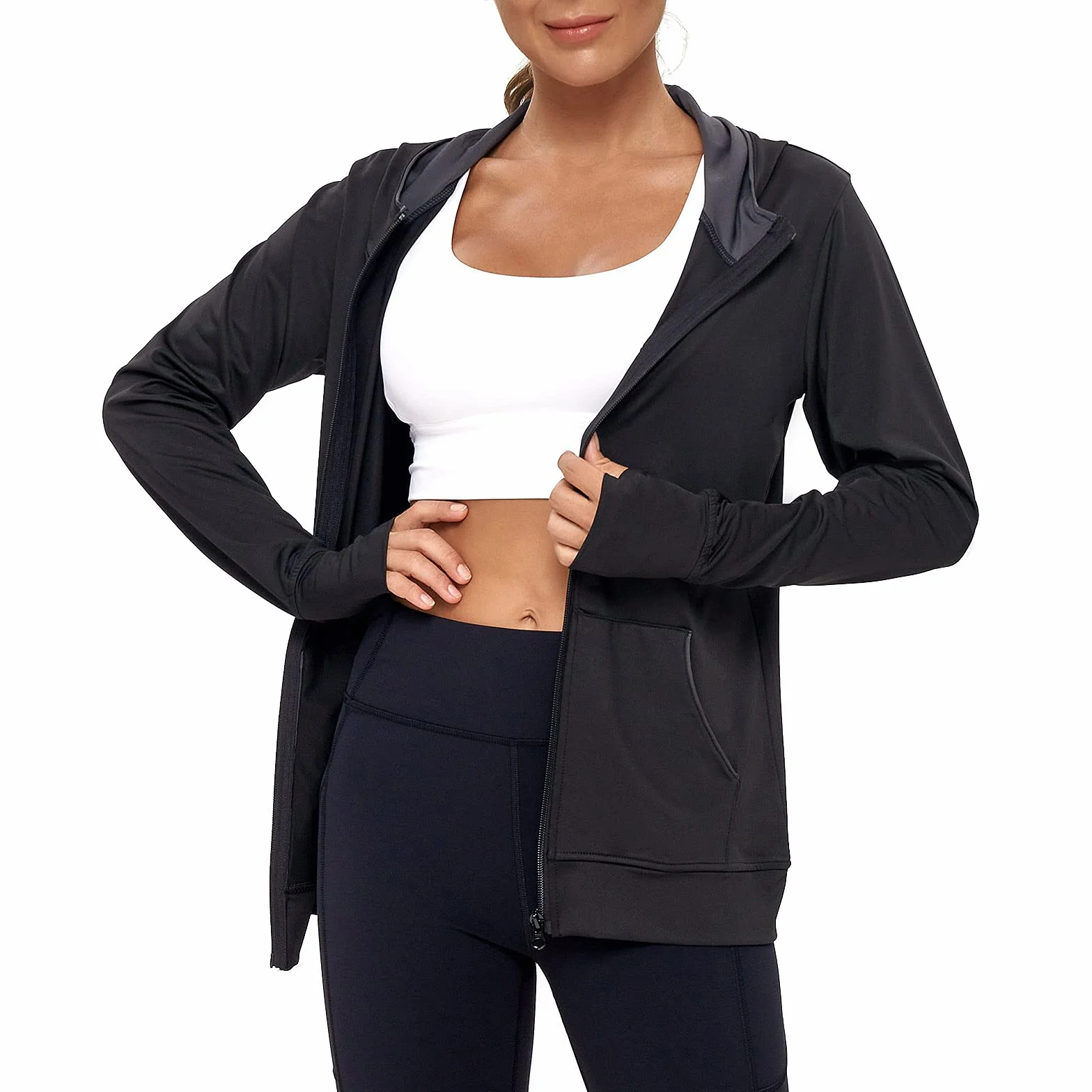 AMZSPORT Chaqueta Deportiva Mujer Sudadera Capucha Running Cremallera Bolsillos