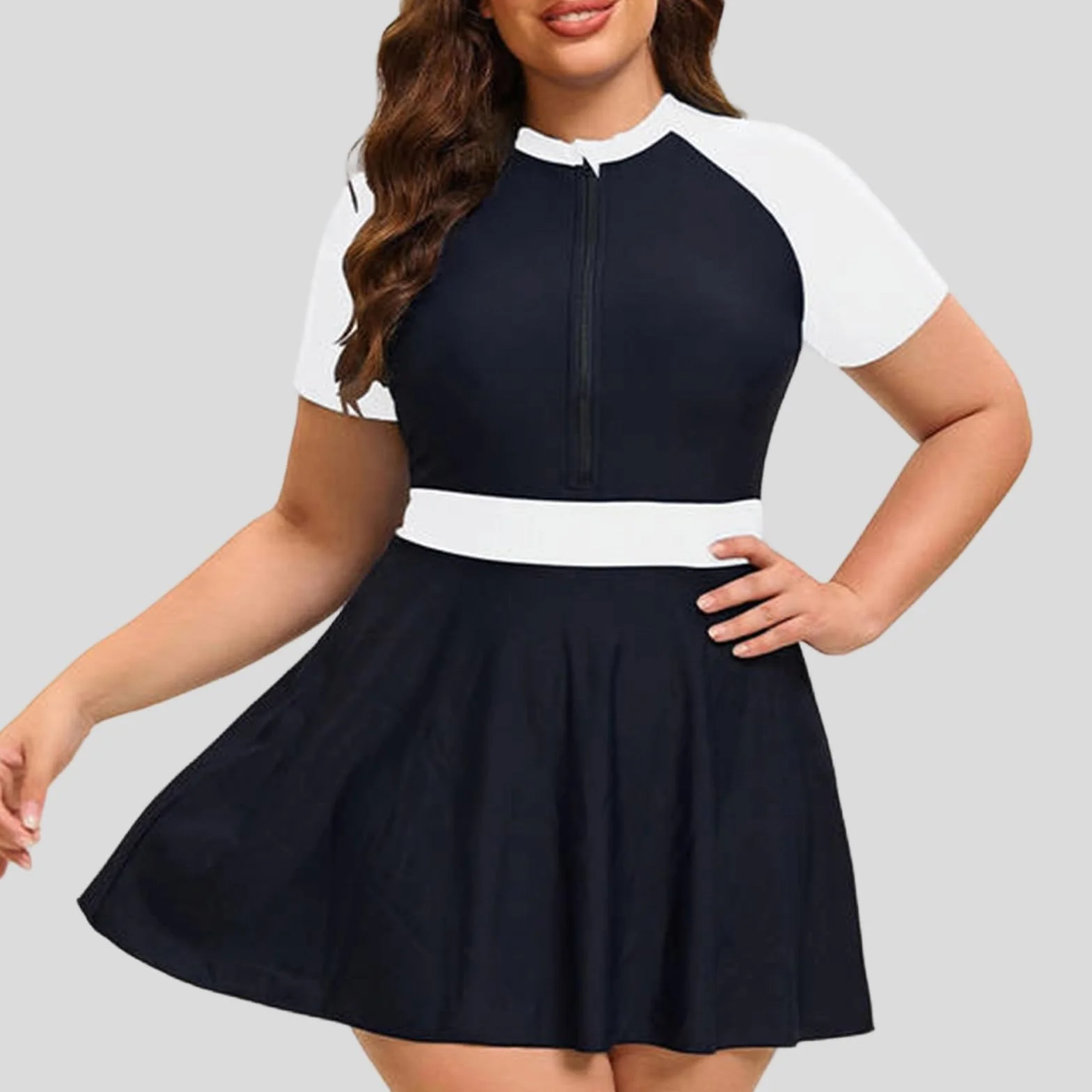 Vestido baño Talla Grande Manga Corta Cremallera Shorts Mujer Dos Piezas