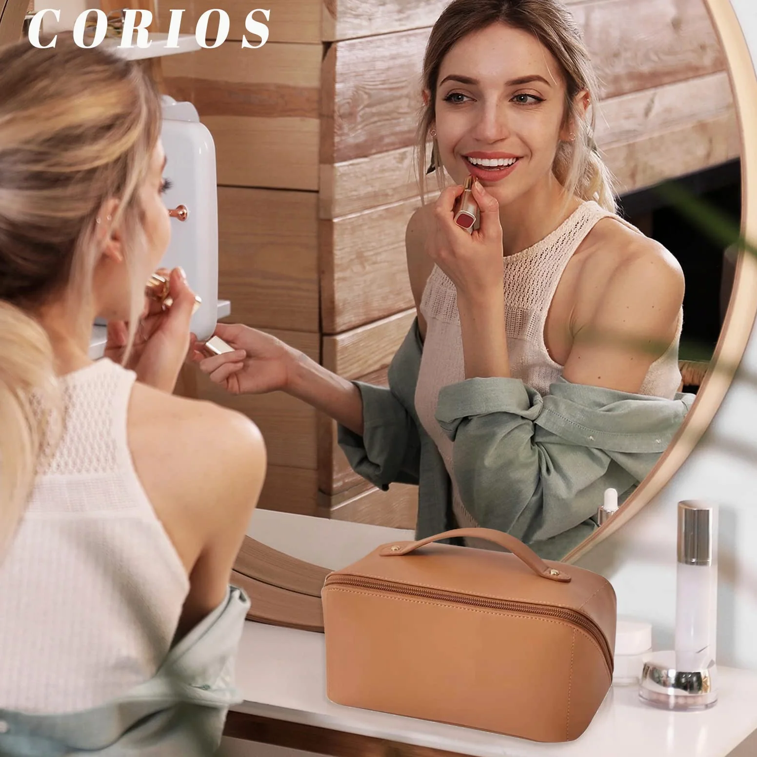 CORIOS Bolsa de Cosméticos para Mujeres Gran Capacidad Bolso de Tocador Impermeable Bolsa de Maquillaje Bolso Portátil del Lavado del Viaje para Viajes Baño Almacenamiento Marrón