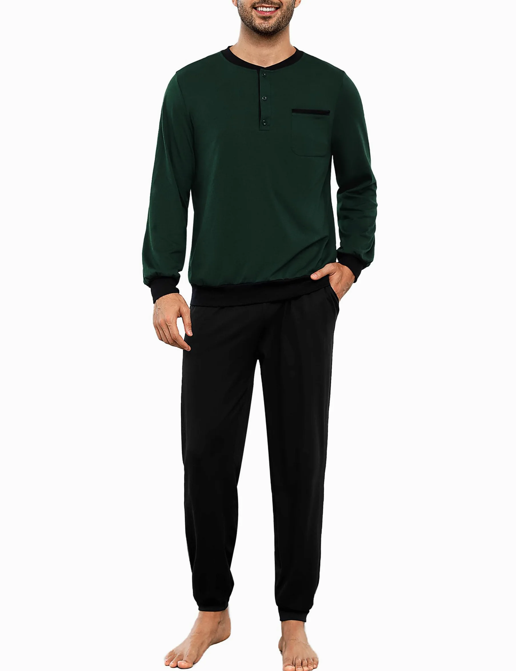 Bresdk Pijama Hombre Invierno Algodón Ropa de Dormir Camiseta de Manga Larga Largo Pantalón Pijama para Hombre S-3XL