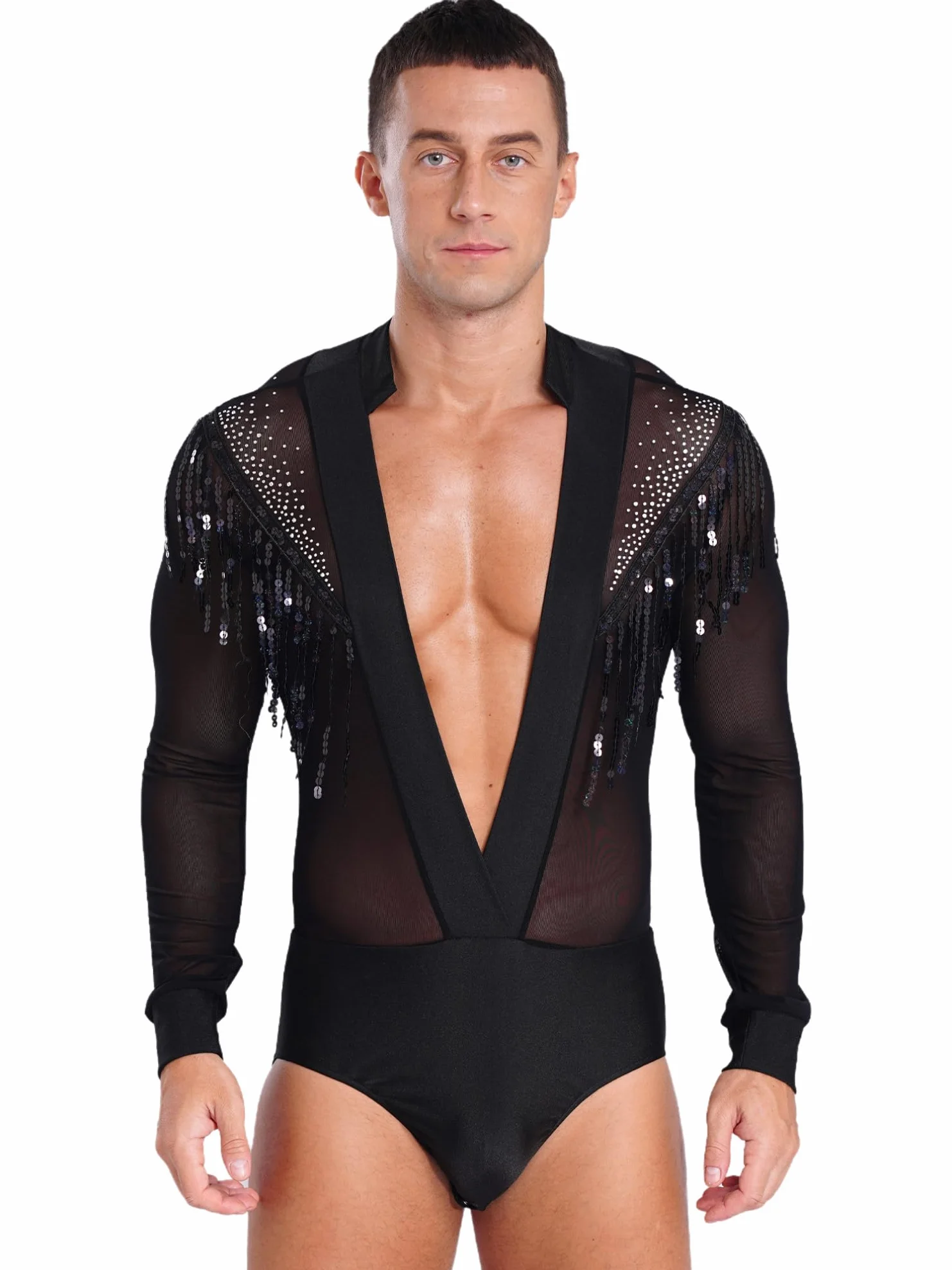 MSemis Body Manga Larga Baile Latino para Hombres de Gimnasia Rítmica con Diamantes Brillantes