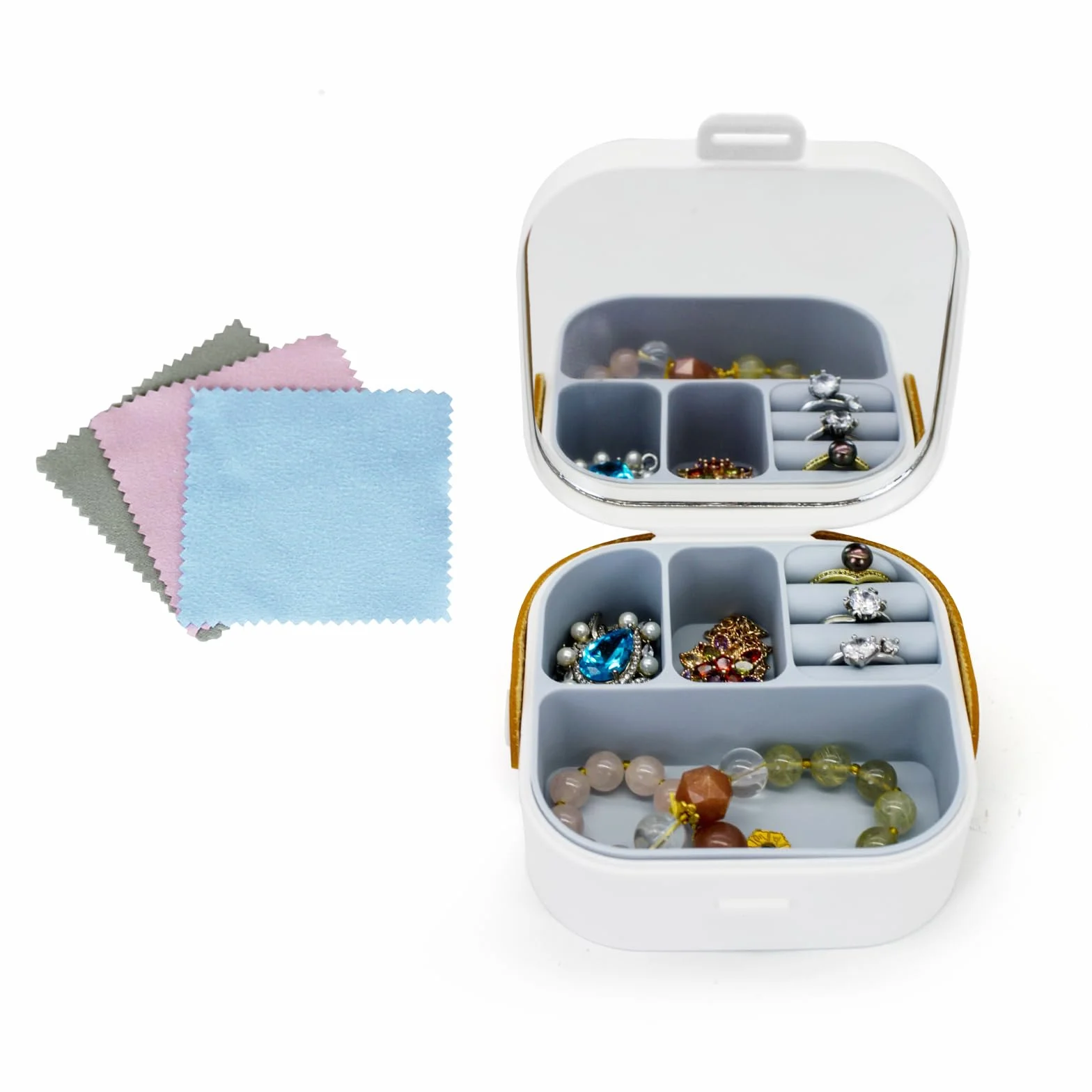 FuninCrea Estuche Joyero Pequeño con Espejo y 3 Paños, Almacenamiento de Viaje para Anillos Pendientes Pulseras, Blanco Clásico