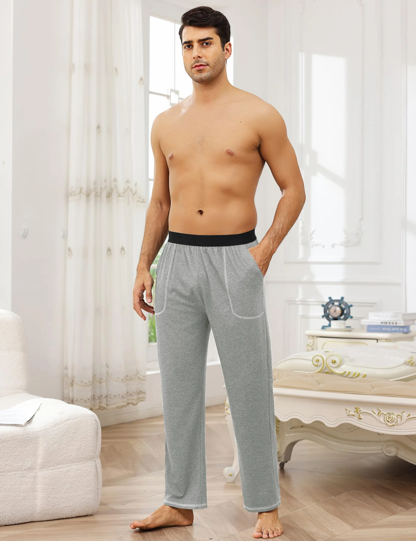 Pantalón de Pijama para Hombre Largo Algodón Pantalones Casuales Pantalón de Dormir Color Sólido Pantalon Pijama Hombre con Bolsillos y Cintura Elástica