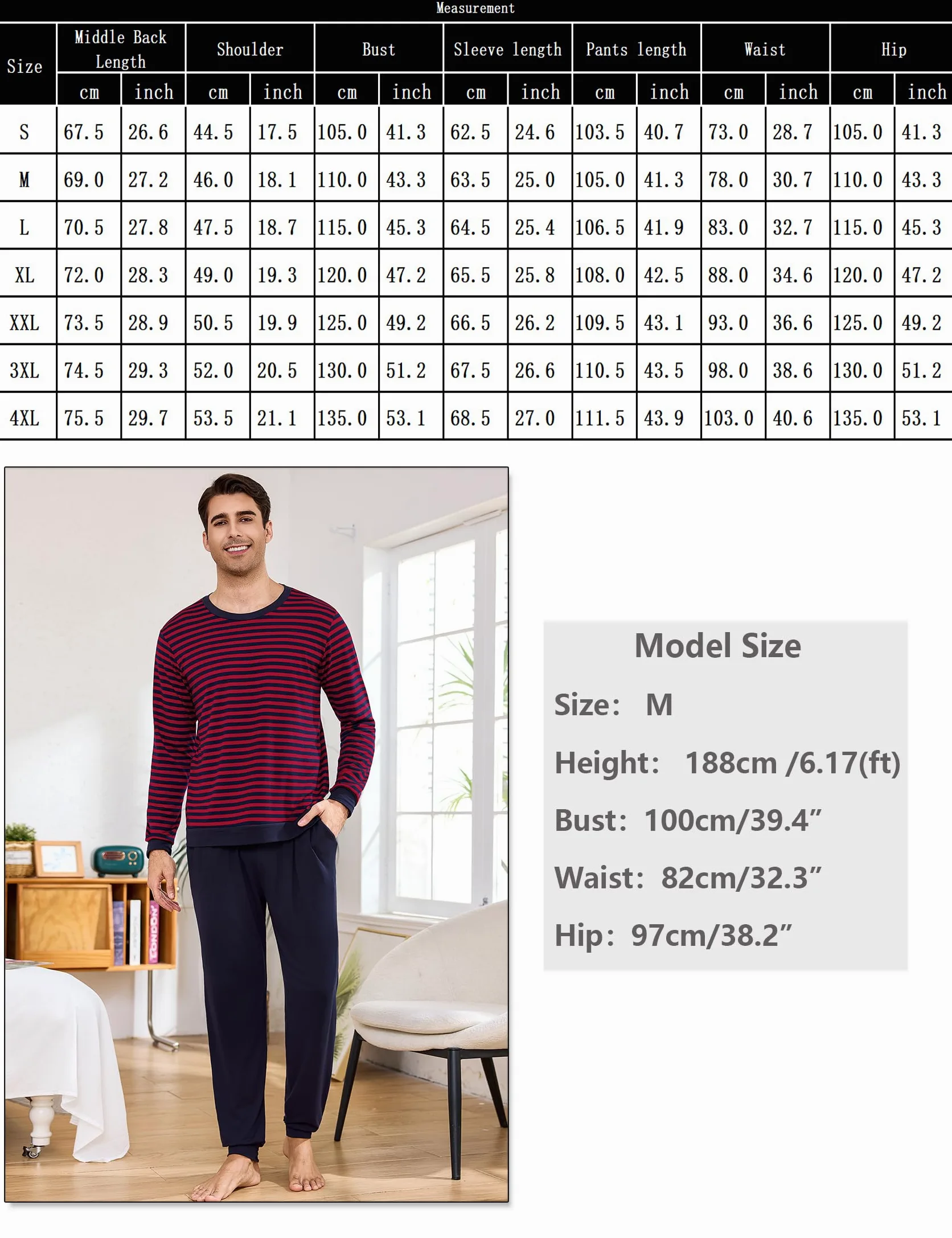 Bresdk Pijama Hombre Invierno Algodon Manga Larga Conjunto de Pijama a Rayas Dos Piezas Pijamas Largos Cuello Redondo S-3XL