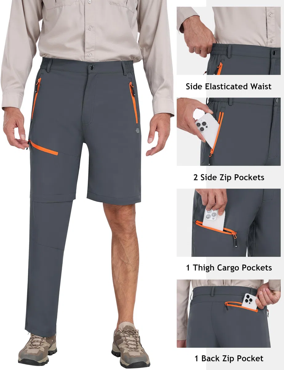 MoFiz Pantalones de senderismo para hombre, resistentes al agua, de secado rápido, ligeros, para exteriores, convertibles, con cremallera, 5 bolsillos con cremallera