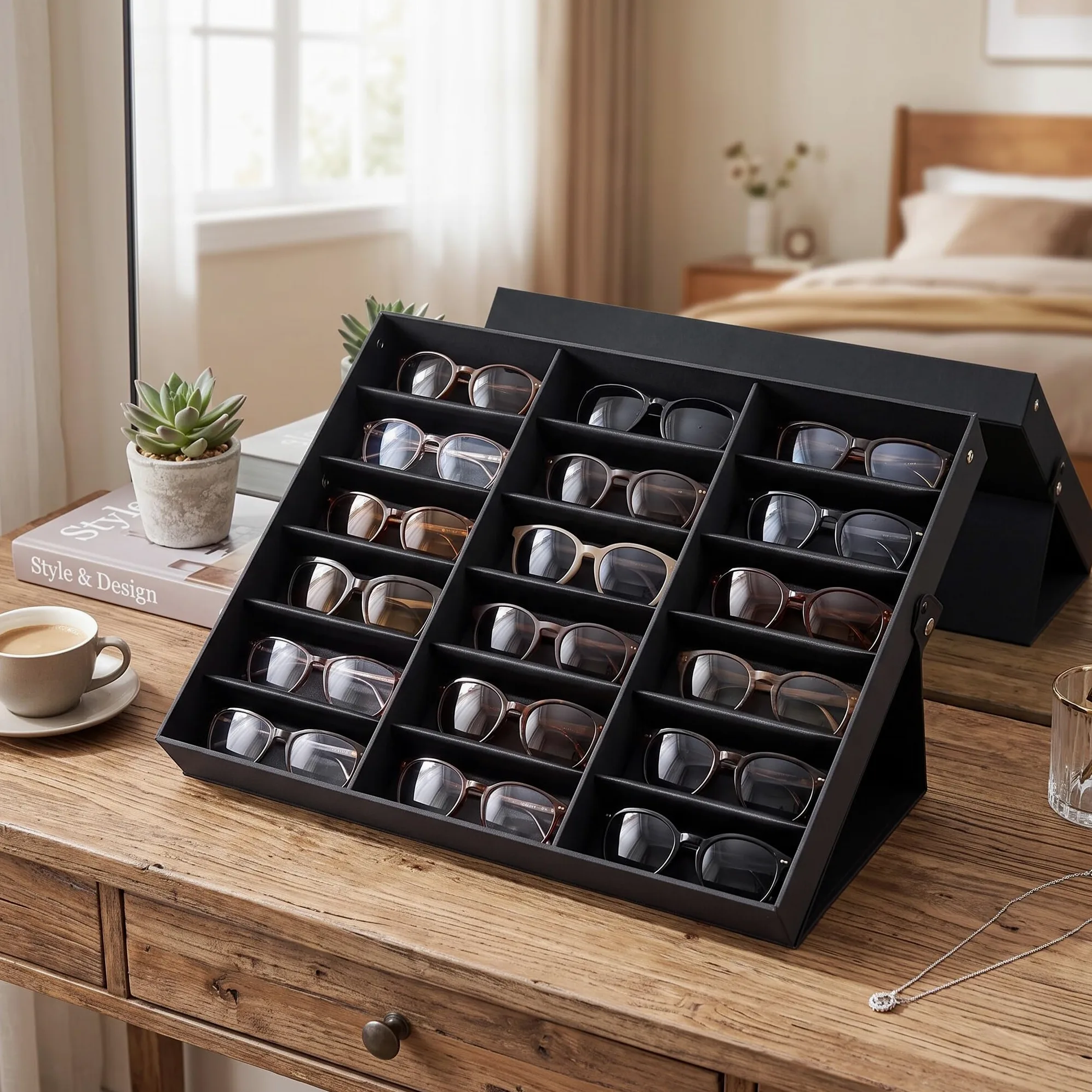 Wakects Expositor para Gafas y Joyas, Caja Organizadora de 18 Compartimentos, 47 x 37 x 6 cm