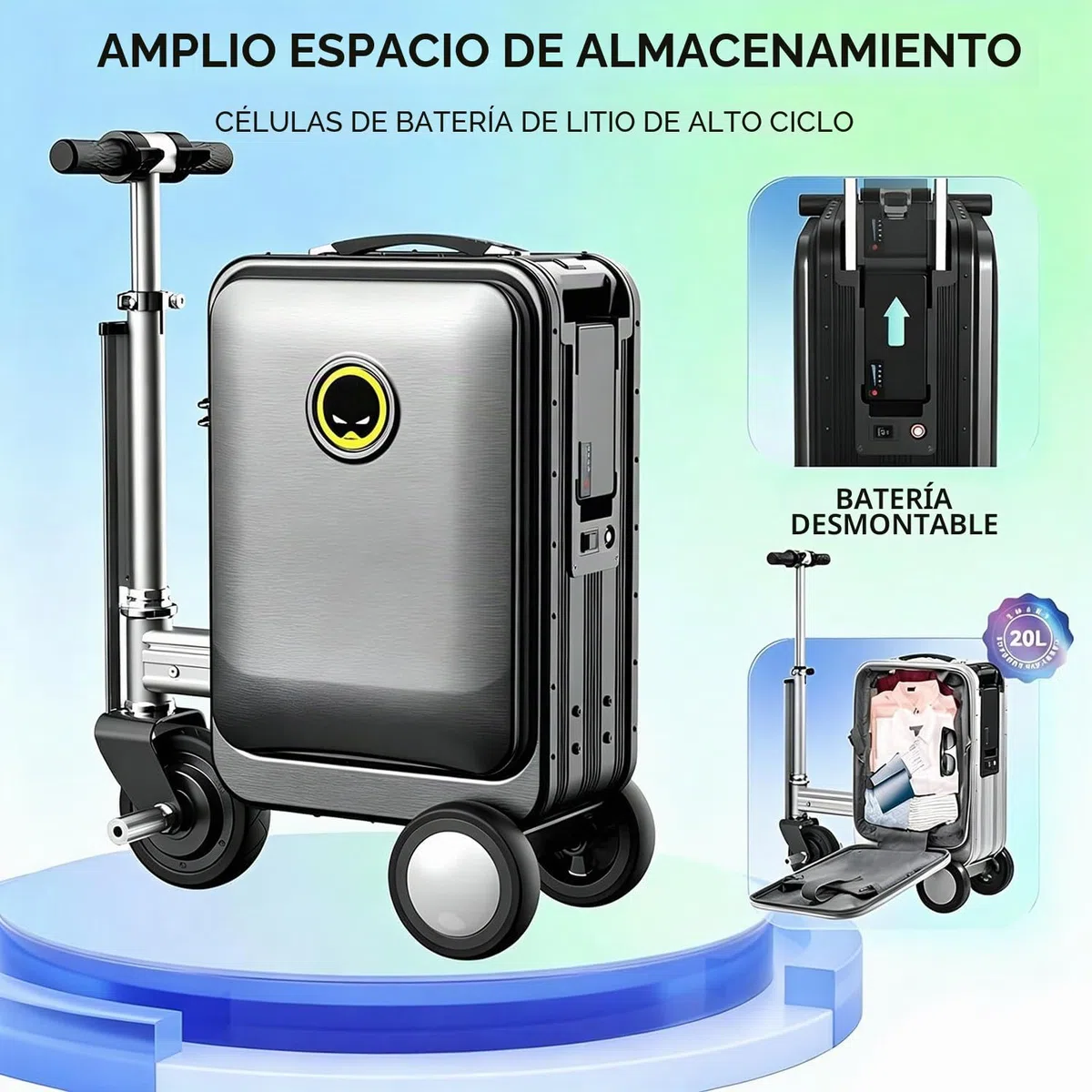 Maleta Inteligente Eléctrica 20'' con Marco de Aleación de Aluminio, Batería Segura 93,6 WH,Cerradura con Contraseña,Puerto de Carga Externo,Diseño Ligero e Impermeable Silver-with2battery