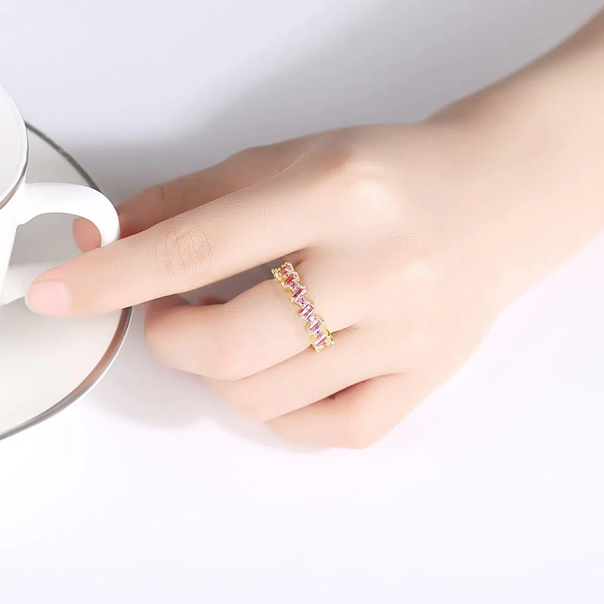 Beydodo Anillo Matrimonio Oro Amarillo 9 14 18Kilates Mujer con Rectángulo y Redondo con Cristal Rosa, Anillo Oro de Mujer Alianza