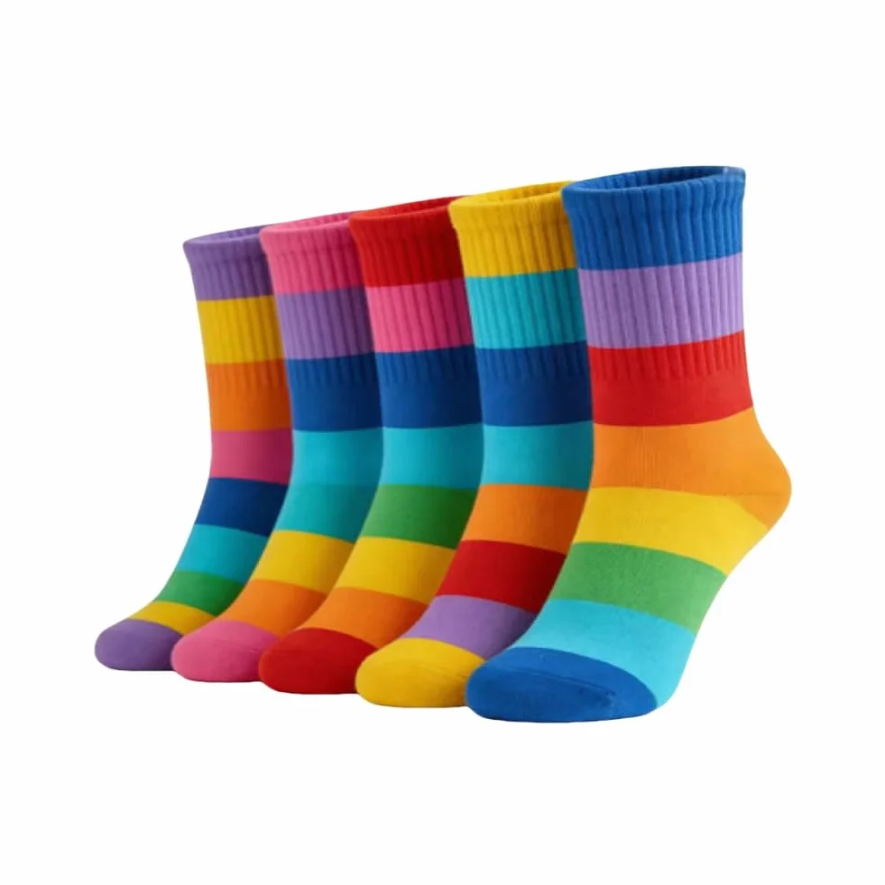 AKAMAS 5 pares de calcetines de ocio a rayas coloridos para niños y niñas, calcetines deportivos con patrón de rayas de arco iris para niños