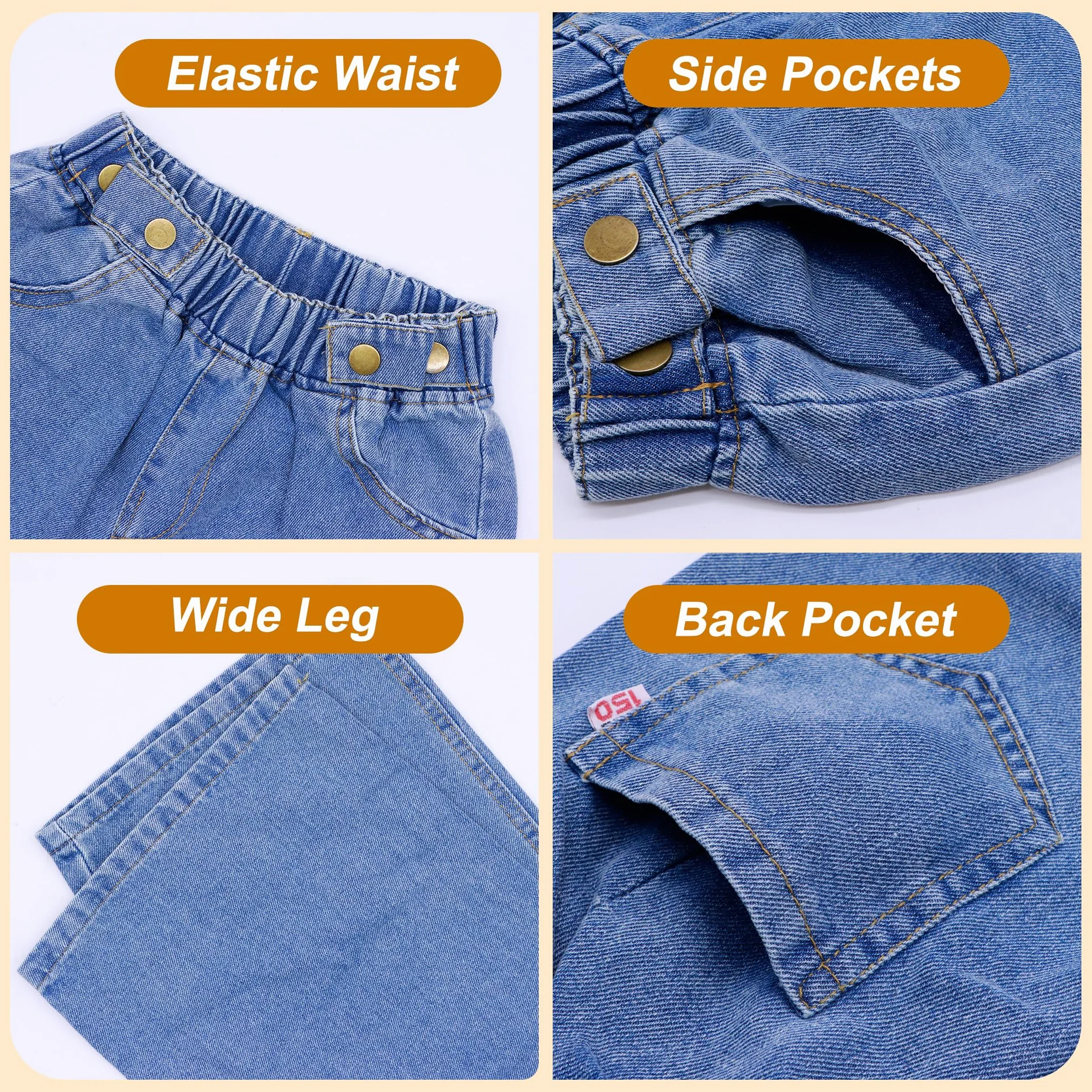 Jeans para Niñas, Holgados de Pierna Ancha Vaqueros Casual Pantalones con Cintura Elástica, Largos Stretch Azul Denim Jeans con Bolsillos Moda Infantil Pants para 6-14 años