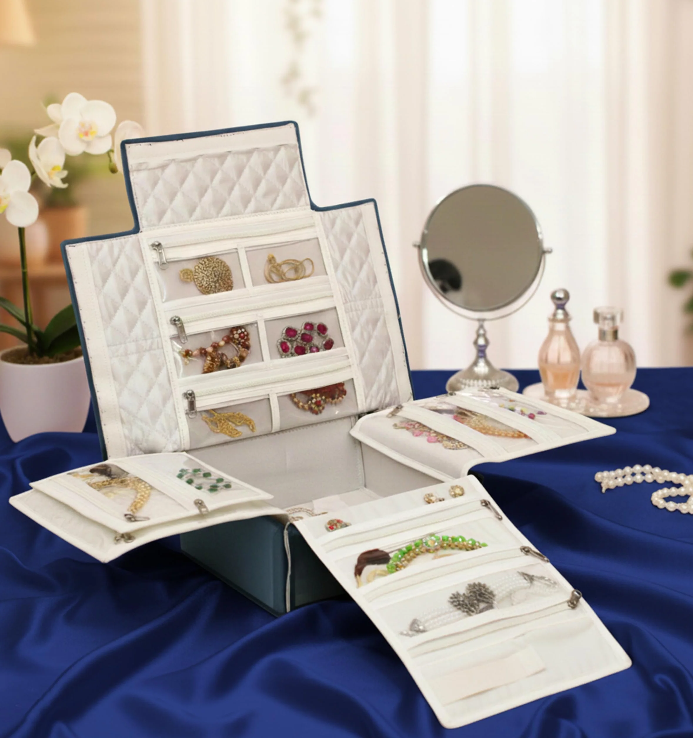 atorakushon Organizador de viaje plegable transparente con cremallera para collares, aretes, anillos, pulseras, color gris