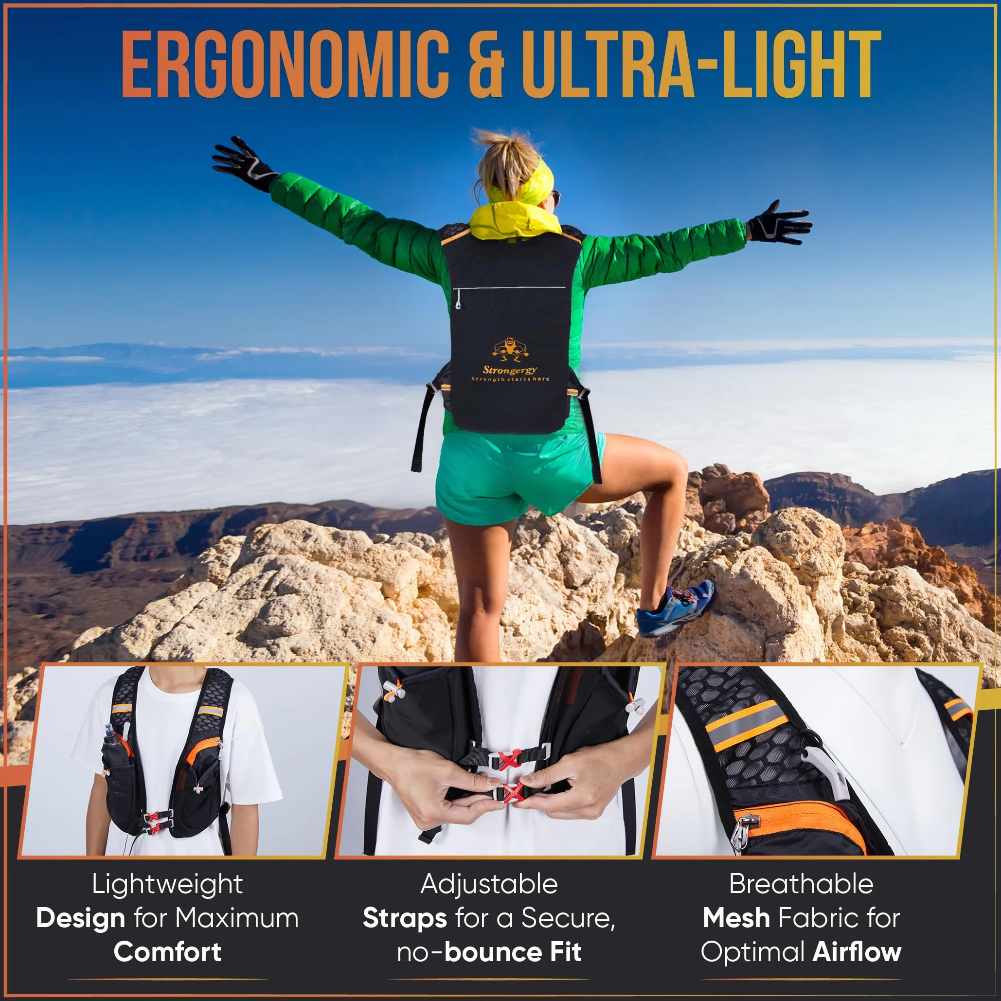 Chaleco Running Hombre y Mujer, Chaleco Hidratación Trail Running 40x22cm, Dos Bolsillos Exteriores, Dos Compartimentos, Botella de 0.5L y Silbato Incluido, Mochila Correr Hombre y Mujer
