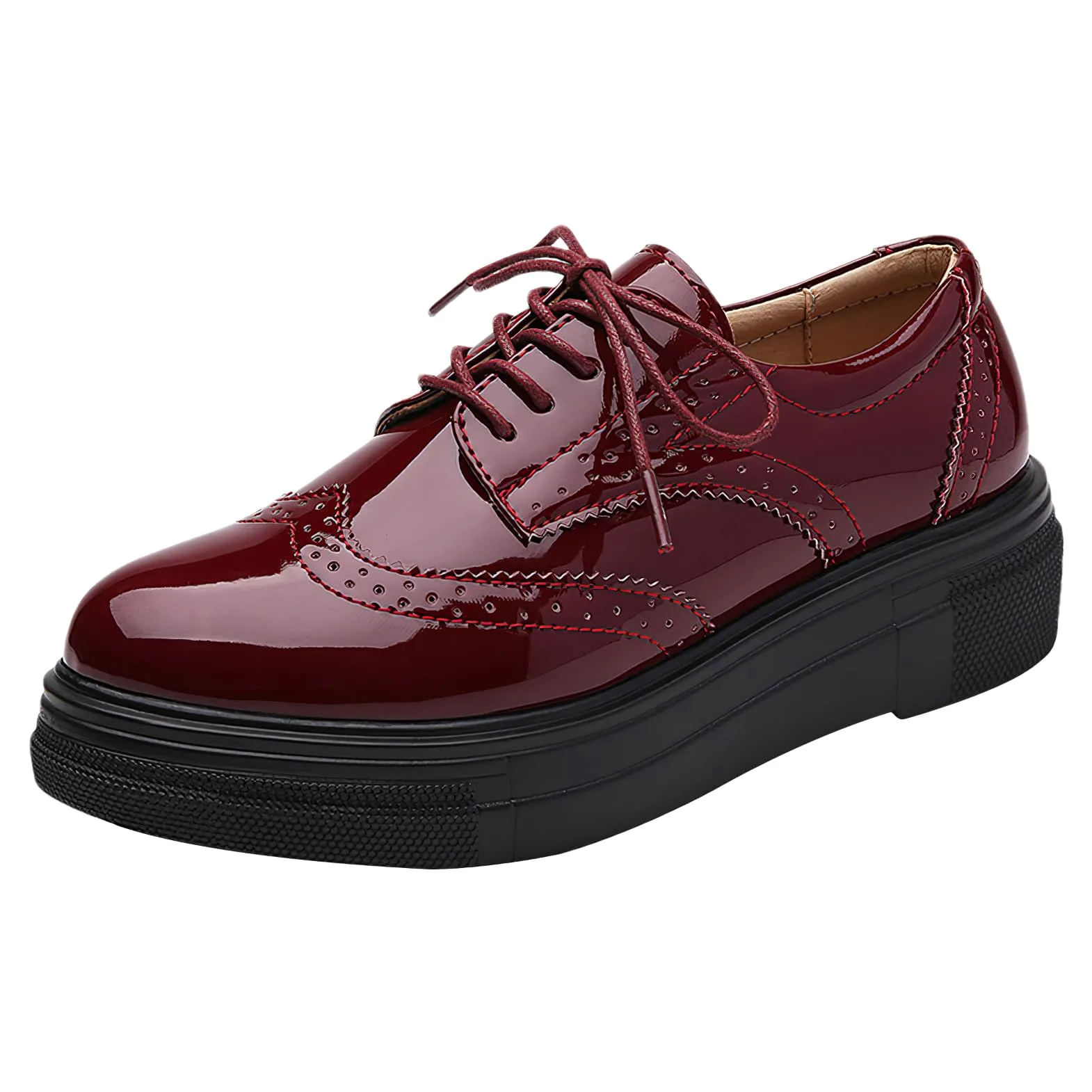 ANUFER Mujeres Elegante con Cordones Brogues Plataforma Piel Sintética de Charol Casual Zapatillas Deportivas