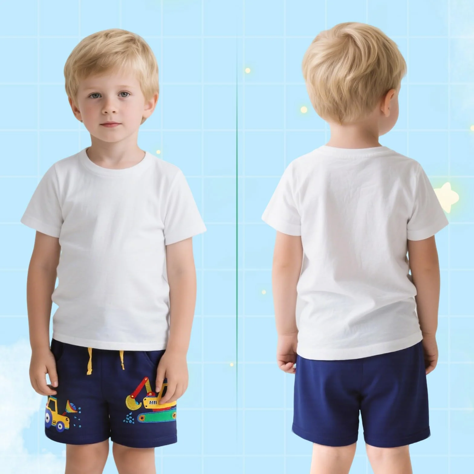 JinBei Bermudas Niño Algodón 2 Bolsillos Cintura Elástica Patrón Dinosaurio Excavadora Azul Marino 2-7 Años
