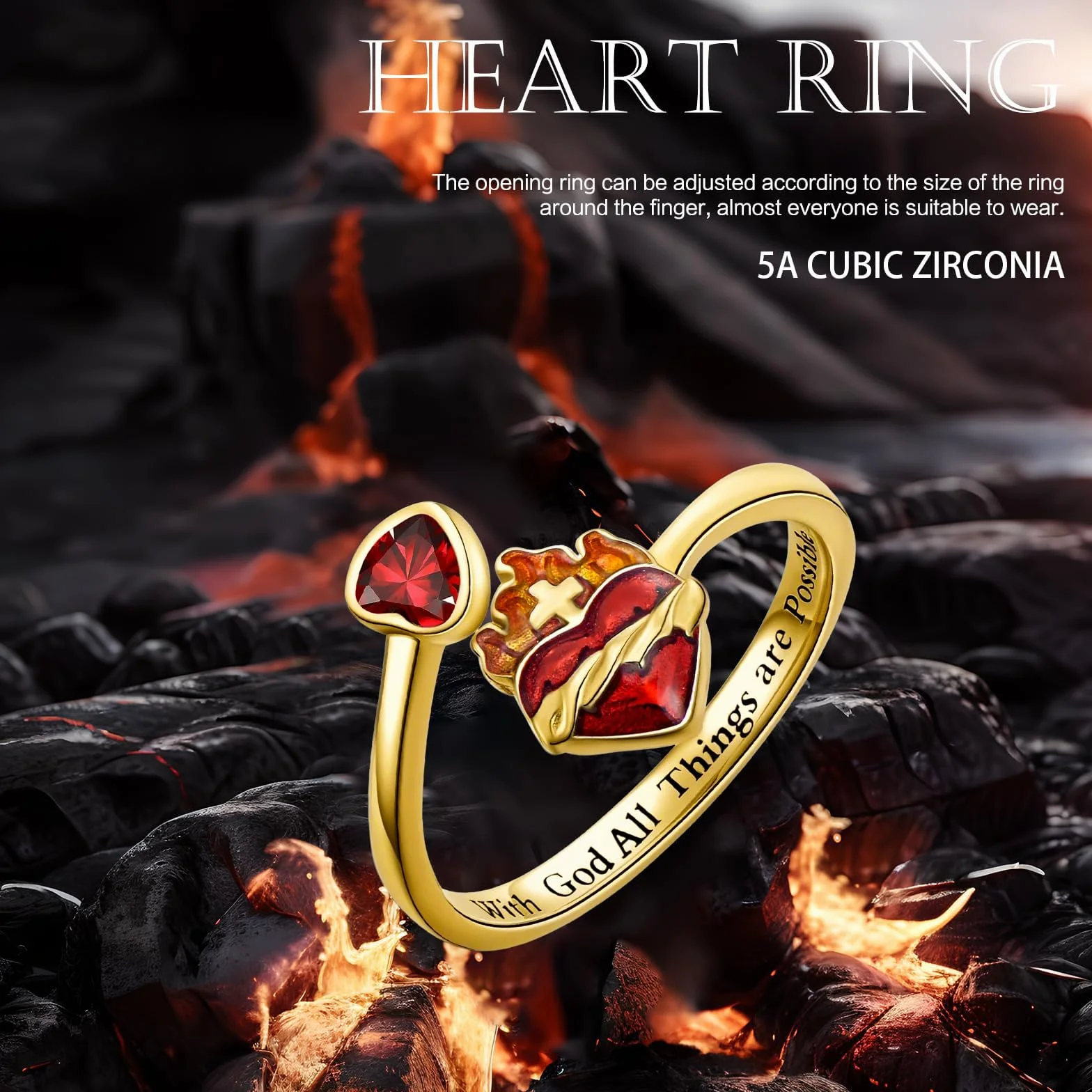 Anillo de corazón de plata de ley 925, anillo abierto ajustable de oro/negro/oro blanco, cruz de Jesús, anillos cristianos para mujeres y niñas, regalos de Navidad, Einheitsgröße, Plata de ley
