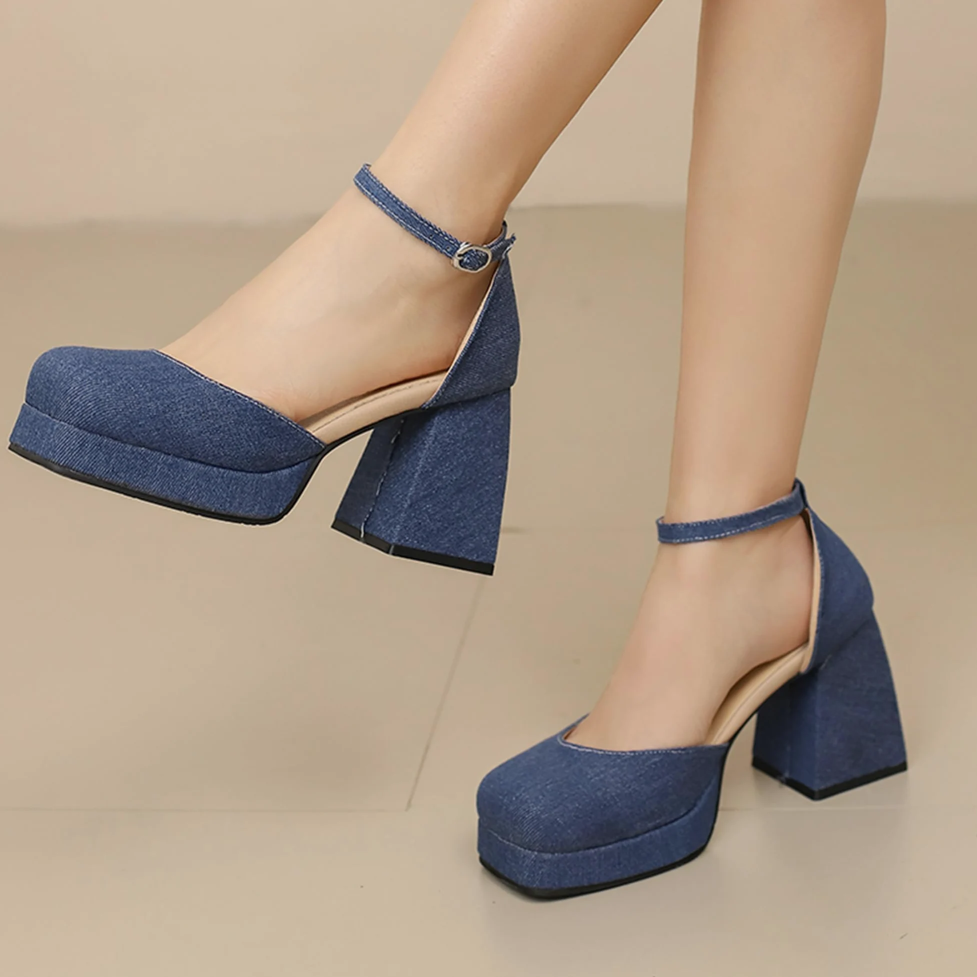 Zapatos Mary Jane sexys con Punta Cuadrada Cerrada y Tiras en Tobillo para Mujer,Tacones Bloque con Plataforma sexys,Sandalias tacón Elegantes para Fiesta