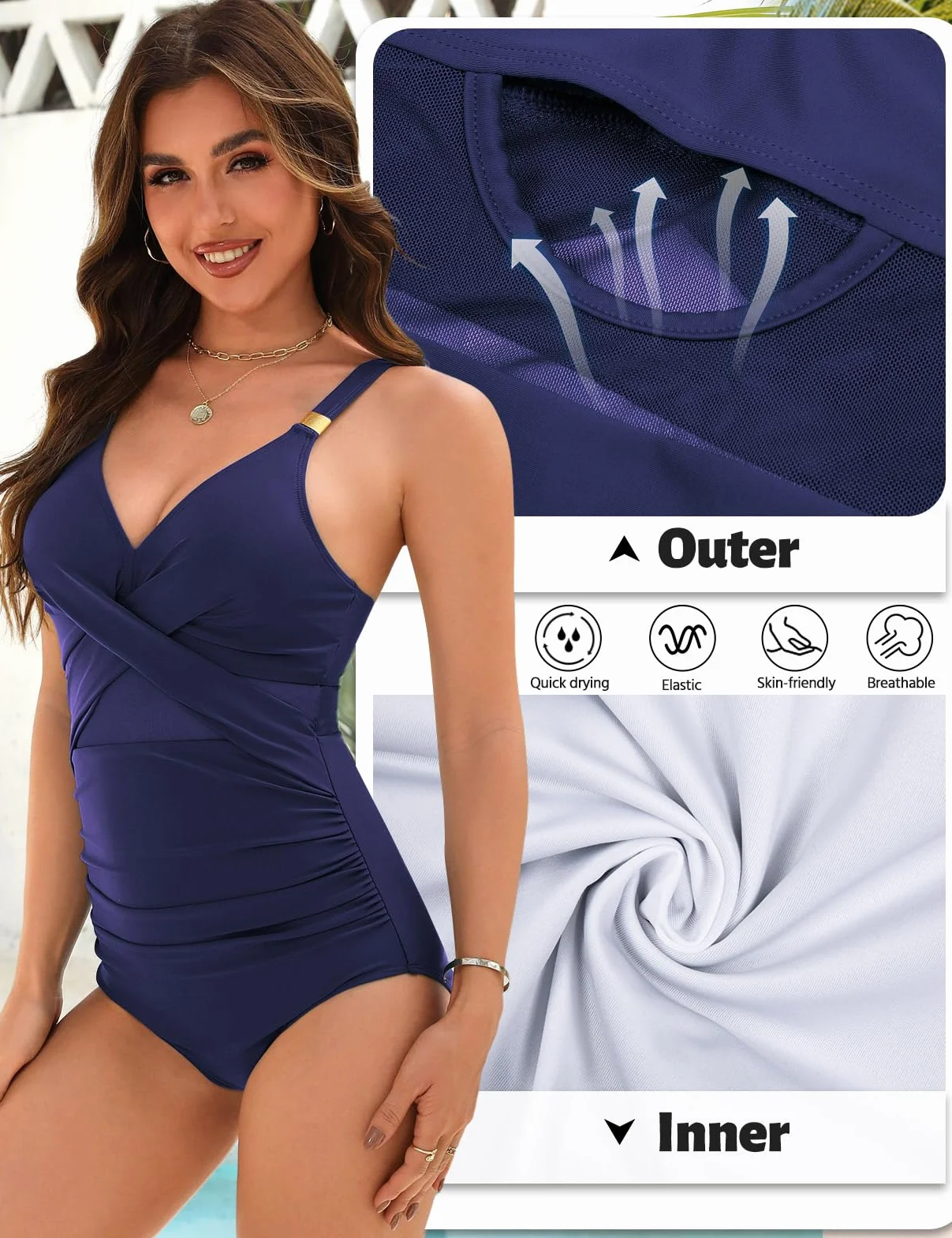 Bañador Mujer Una Pieza Reductor de Vientre Plano Traje de Baño con Fruncido Sexy Cuello en V Talla Grande Ropa de Baño para Verano