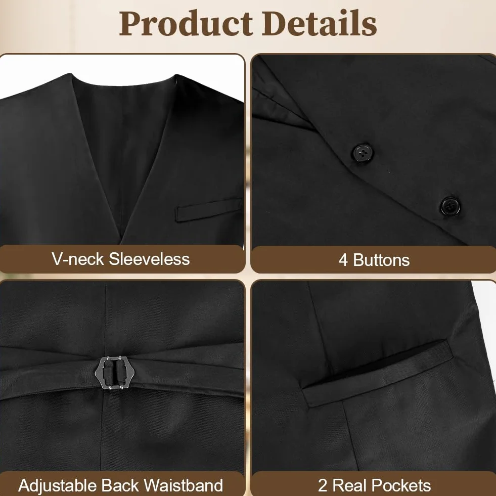Chaleco Formal Hombres Negro con Bolsillo Traje Elegante Boda Fiesta