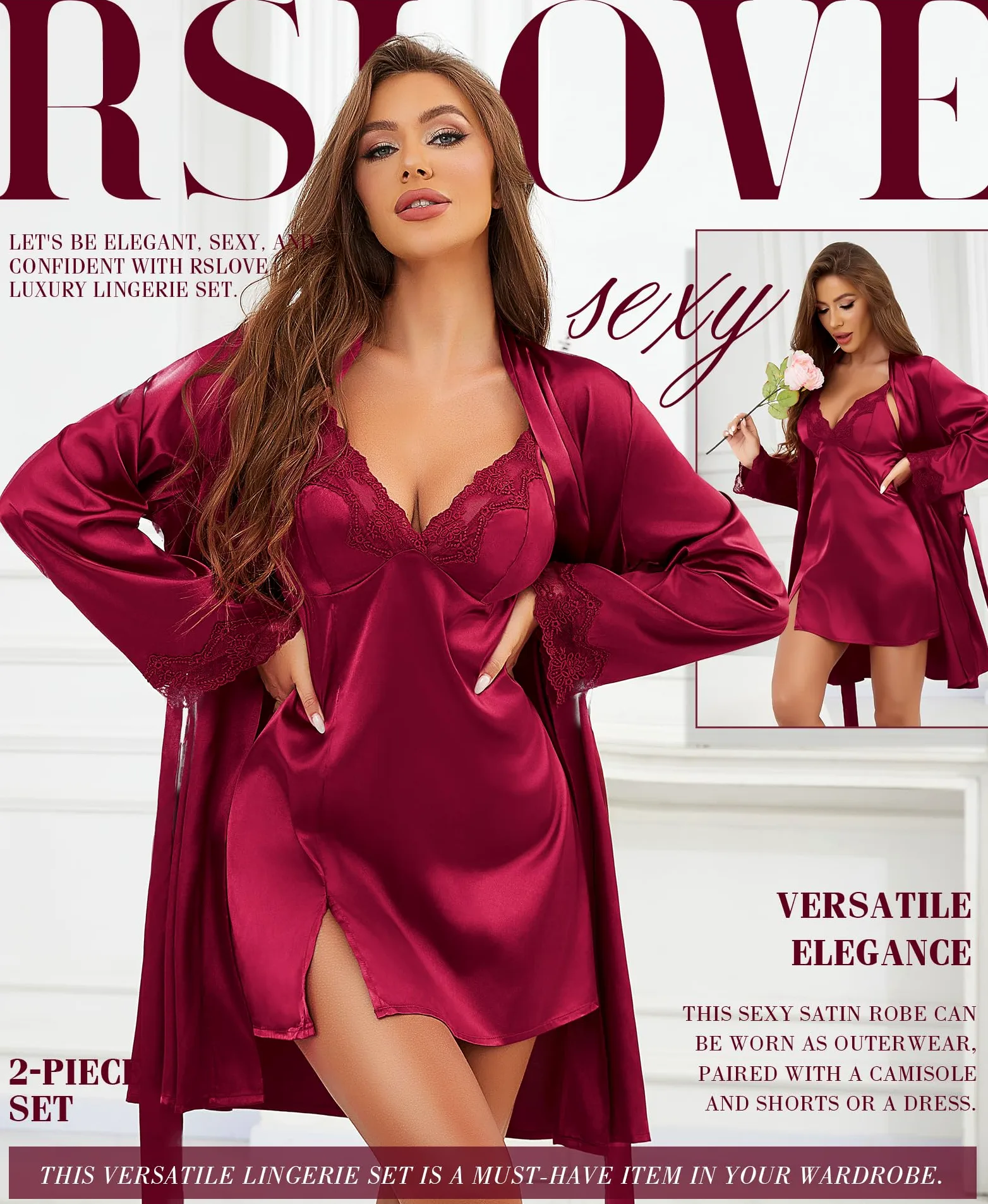Conjunto de Camisola y Bata de satén: camisón de lencería de Encaje con Bata a Juego, Ropa de Dormir Sexy para Dama de Honor o Luna de Miel
