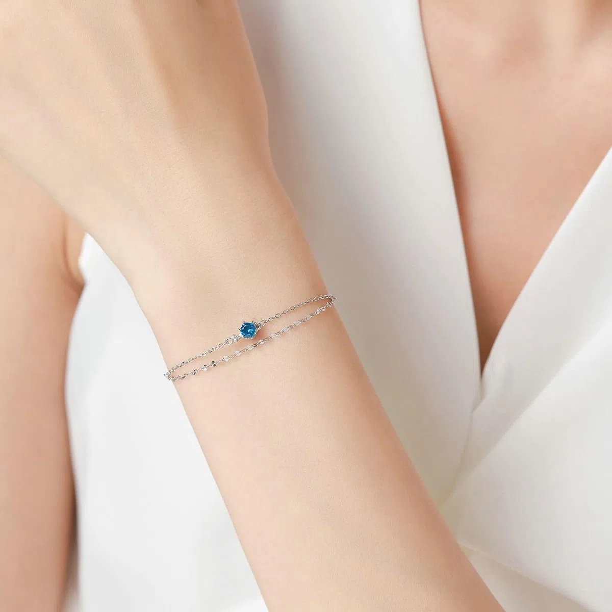 Pulseras Oro Blanco 9K / 14K / 18K Mujer, Cadena Doble Capa con Topacio y Moissanita, Cadena Extensible 16 CM + 5 CM, Pulsera de Mujer Plata Azul