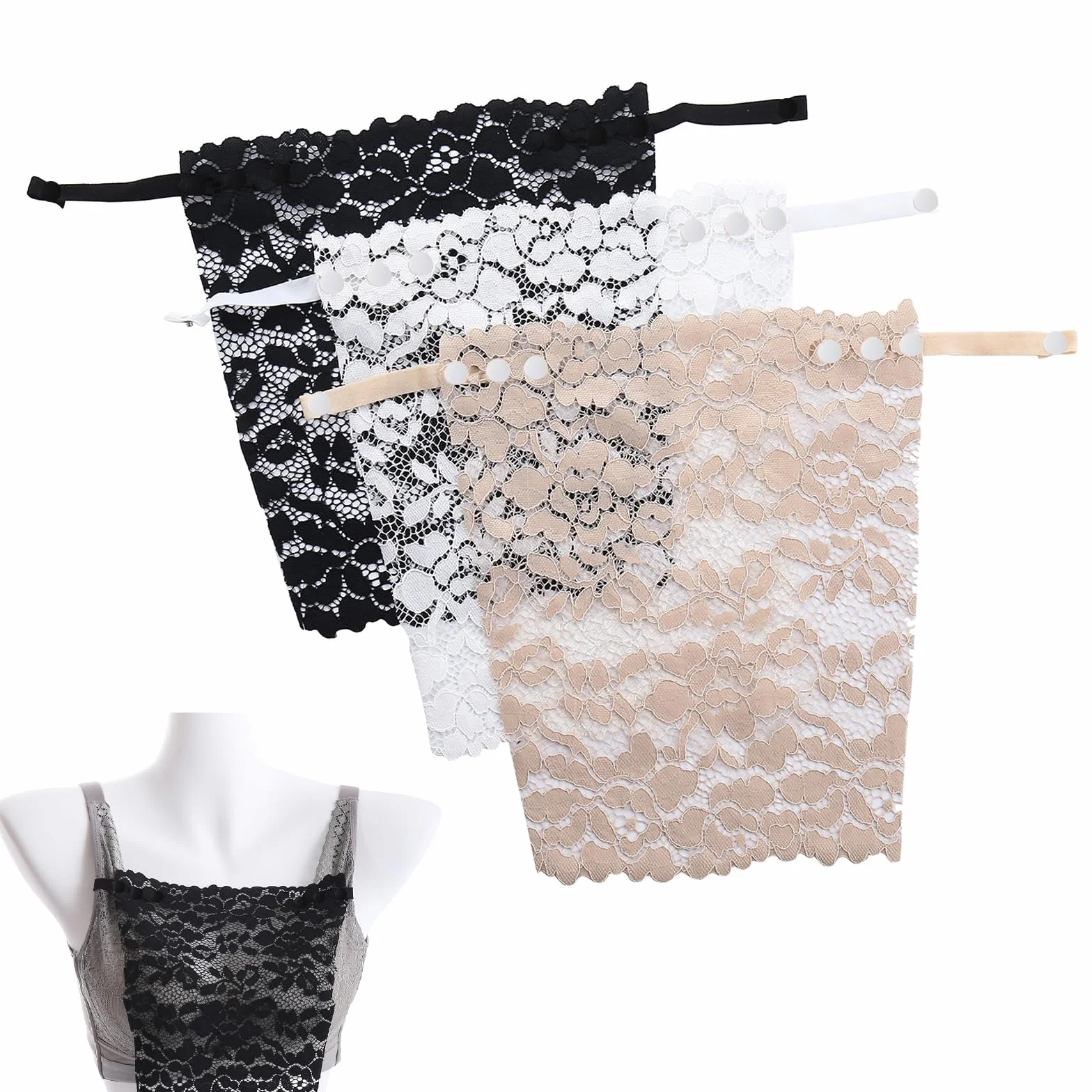 3 piezas de sujetador de camisola falsa con clip, para mujer, con encaje falso, con inserto de brasier superpuesto, chaleco de panel modesto, camisola con brasier integrado, inserto de encaje