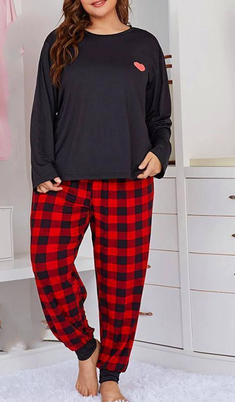Pijamas Para Mujer Tallas Grandes Top Negro Pantalones A Cuadros Rojos Conjunto De Ropa De Dormir Para Mujer Pijamas De Dos Piezas Suave Clásico Casual Loungewear Regalo Para Esposa Novia Mamá Dí