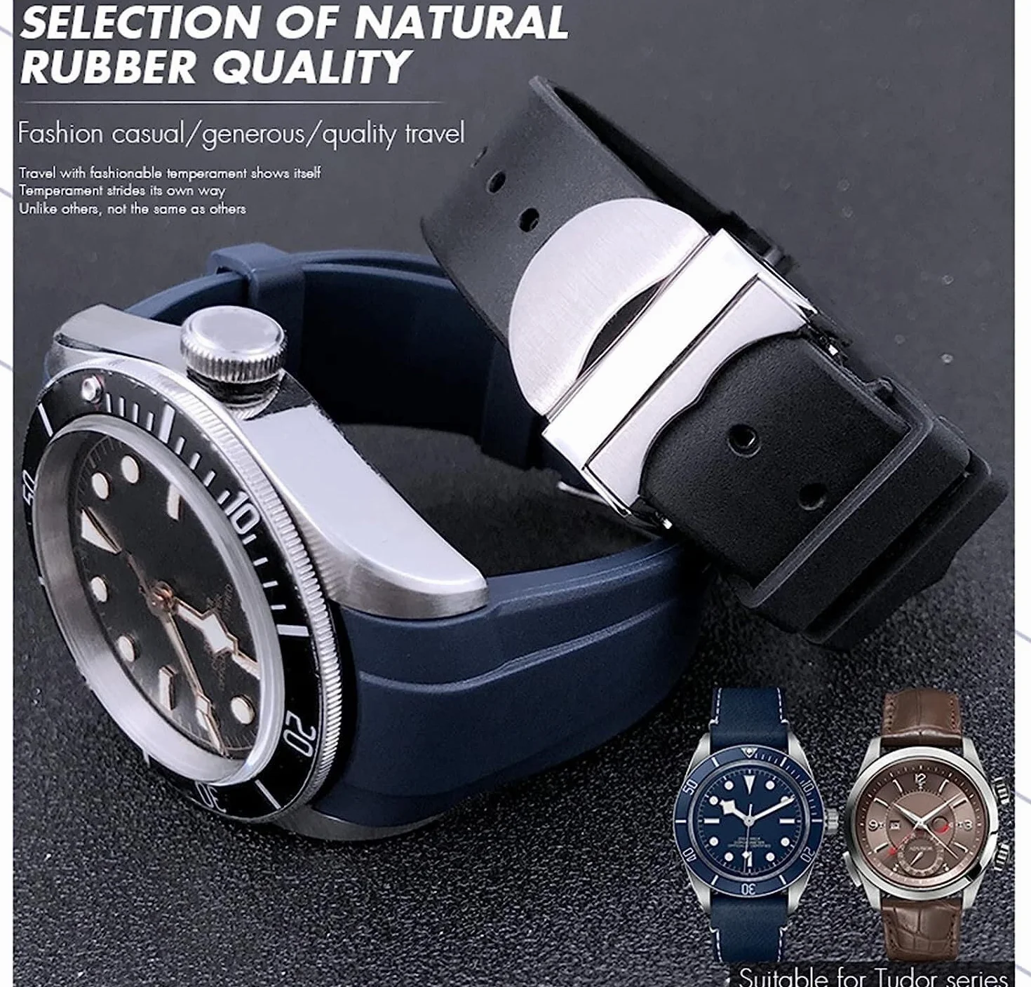 XJBTBA Correa de Reloj de Caucho Natural para Tudor Pelagos 1958 Pelagos Pin/Hebilla Plegable Correa de Silicona 20mm 22mm