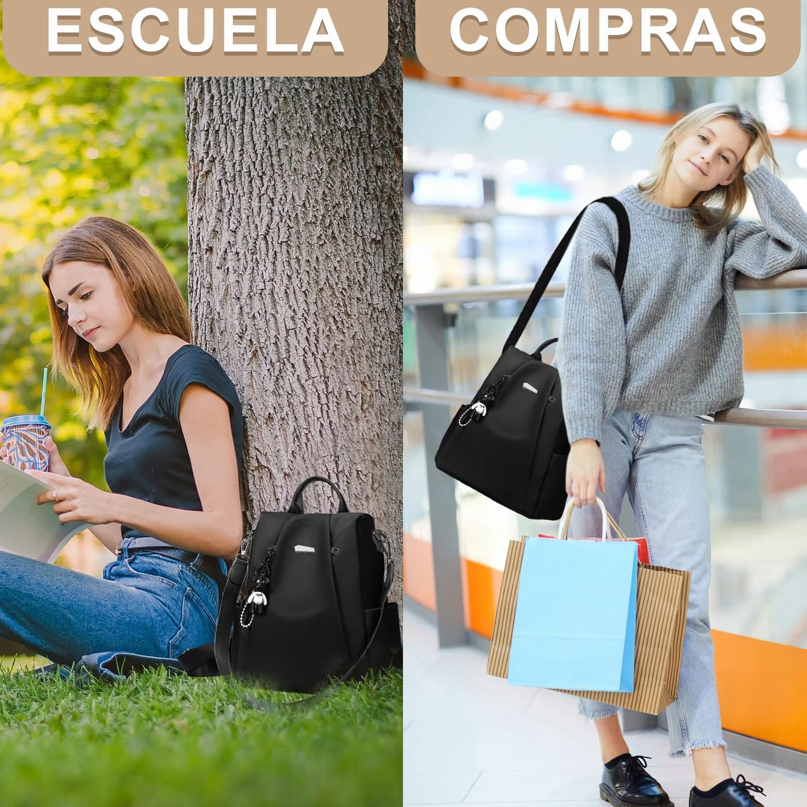 Eshow Mochila Antirrobo para Mujeres y Chicas, se Puede como Bolso de Hombro o Bolsa Bandolera, Adecuado para Viaje Escuela Compras y Trabajo Negro