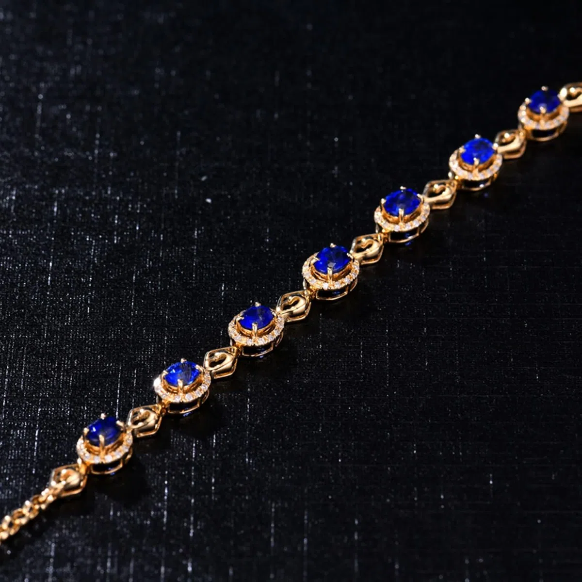 Pulseras Oro Amarillo 9 Kilates / 14 Kilates / 18 Kilates Mujer, Rombo Hueco y Oval con Zafiro Creado de 1,9 ct y Diamante, Cadena Extensible 16 CM + 5 CM, Pulseras de Oro Azul de Mujer
