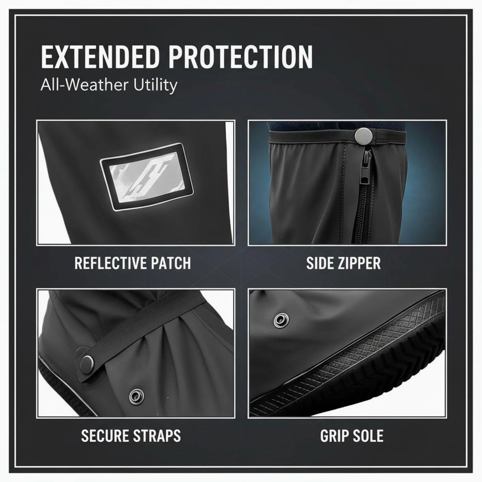 Generisch 2 fundas impermeables para zapatos XL, antideslizantes, con diseño reflectante, reutilizables, para hombre y mujer, con cremallera lateral, color negro