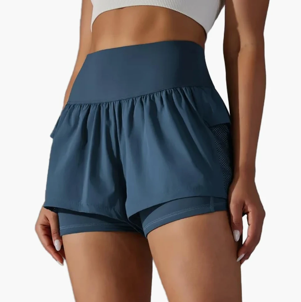 Pantalones Cortos Deportivos elásticos de Cintura Alta para Mujer, Entrenamiento atlético, Fitness Activo, Voleibol, 2 en 1, Pantalones Cortos Deportivos de Doble Capa para Correr