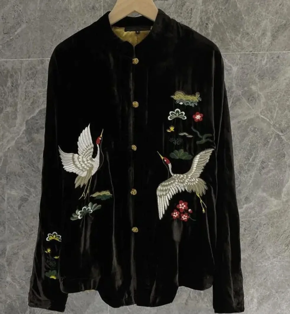 Chaqueta Primavera Estilo China Mujer Abrigo Terciopelo Negro Bordado Chino Chaquetas Informales Sueltas Moda Ropa Étnica Vintage