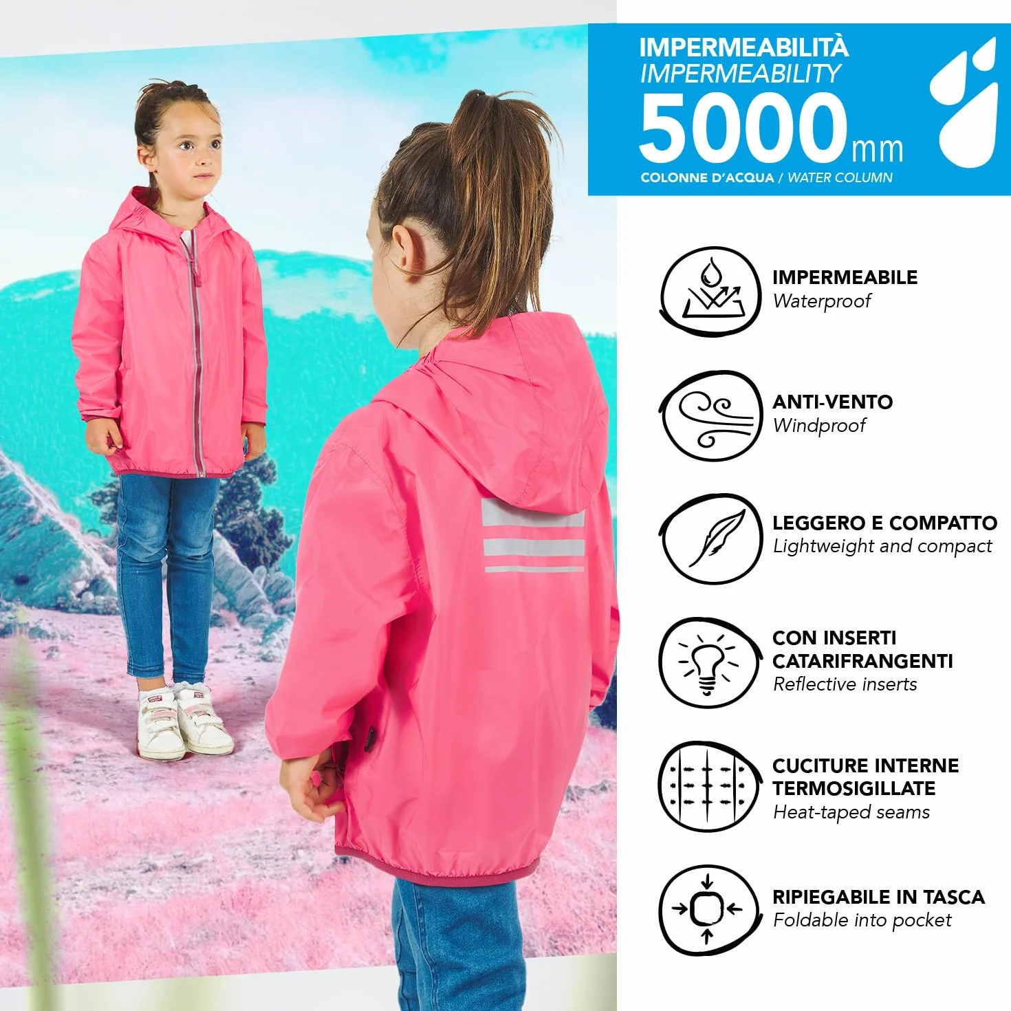 PERLETTI Cortavientos Niño Niña Impermeable Chaqueta Outdoor Running Estuche